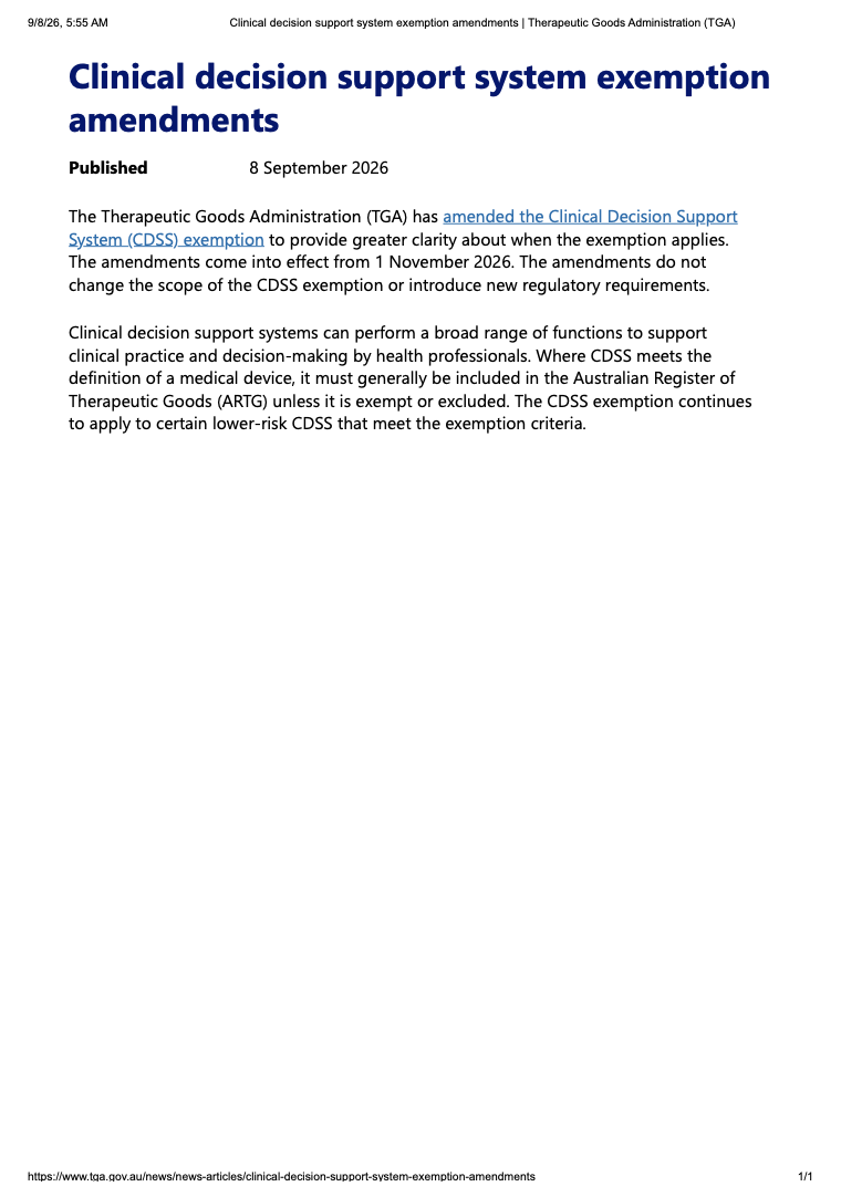 TGA Amends Clinical Decision Support System Exemption