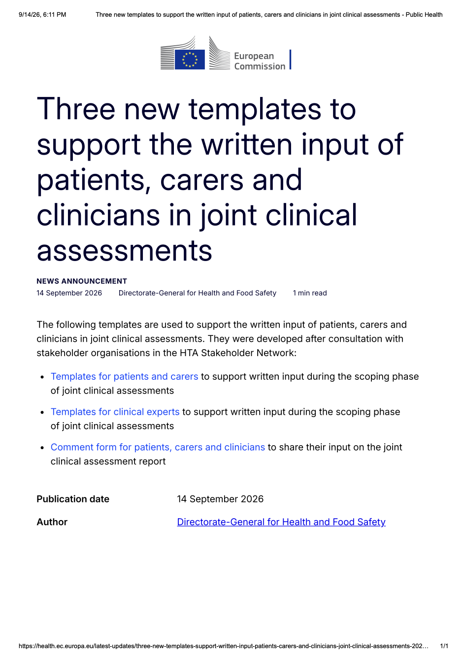 European Commission Publishes New Templates for Patient, Carer and Clinician Input in Joint Clinical Assessments