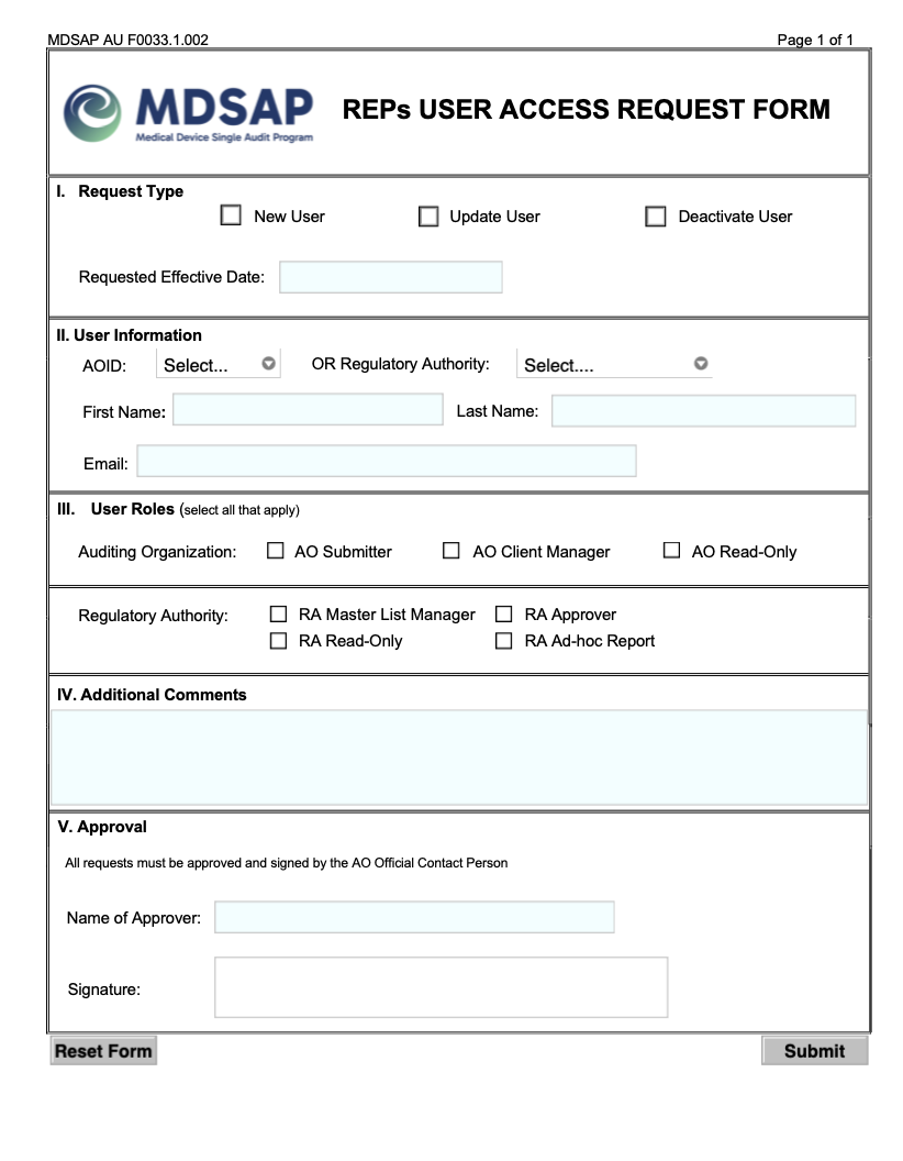MDSAP Issues REPs User Access Request Form