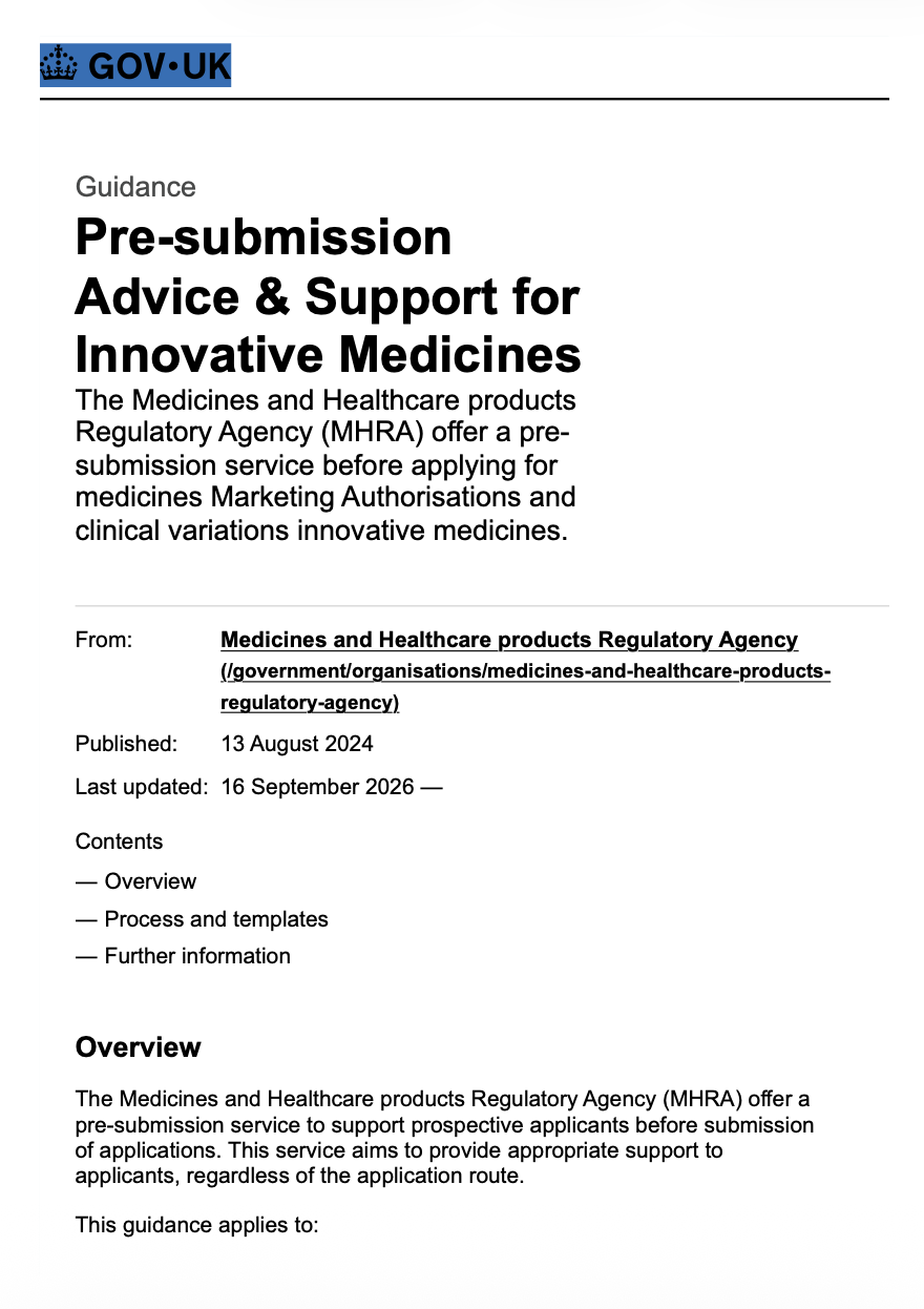 MHRA Updates Pre-Submission Advice and Support for Innovative Medicines