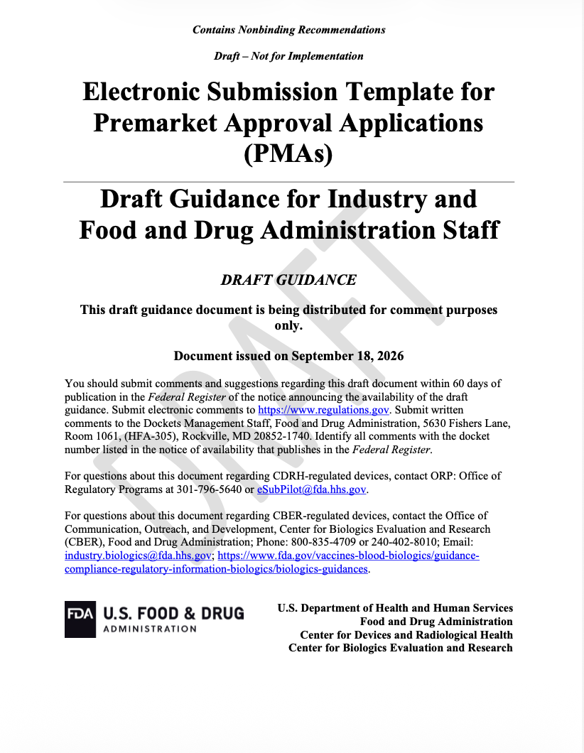 FDA Issues Draft Guidance on Electronic Submission Templates for PMAs