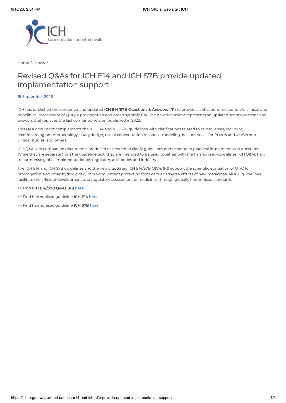 ICH Publishes Updated E14/S7B Q&amp;As on QT/QTc and Proarrhythmic Risk