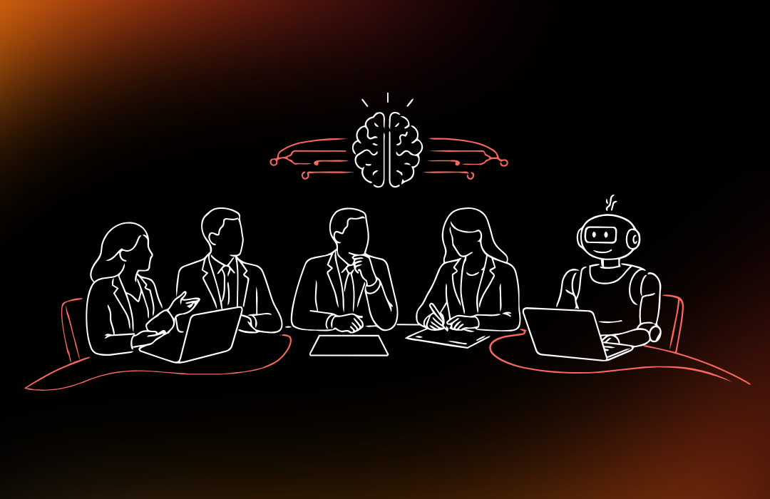 A group of board directors sitting around a table with one of the directors being a robot meant to represent AI sitting at the board table.