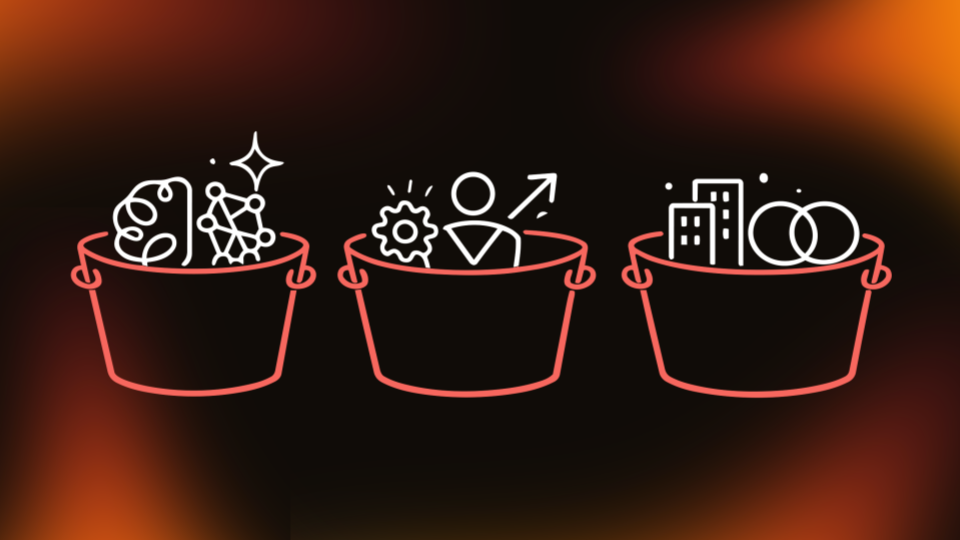 Image depicting three buckets which represent Elin Hauges AI Advisory Framework. One bucket represents Generative AI, another represents Agentic AI, and the last one represents Digital Twins and Enterprise Solutions.
