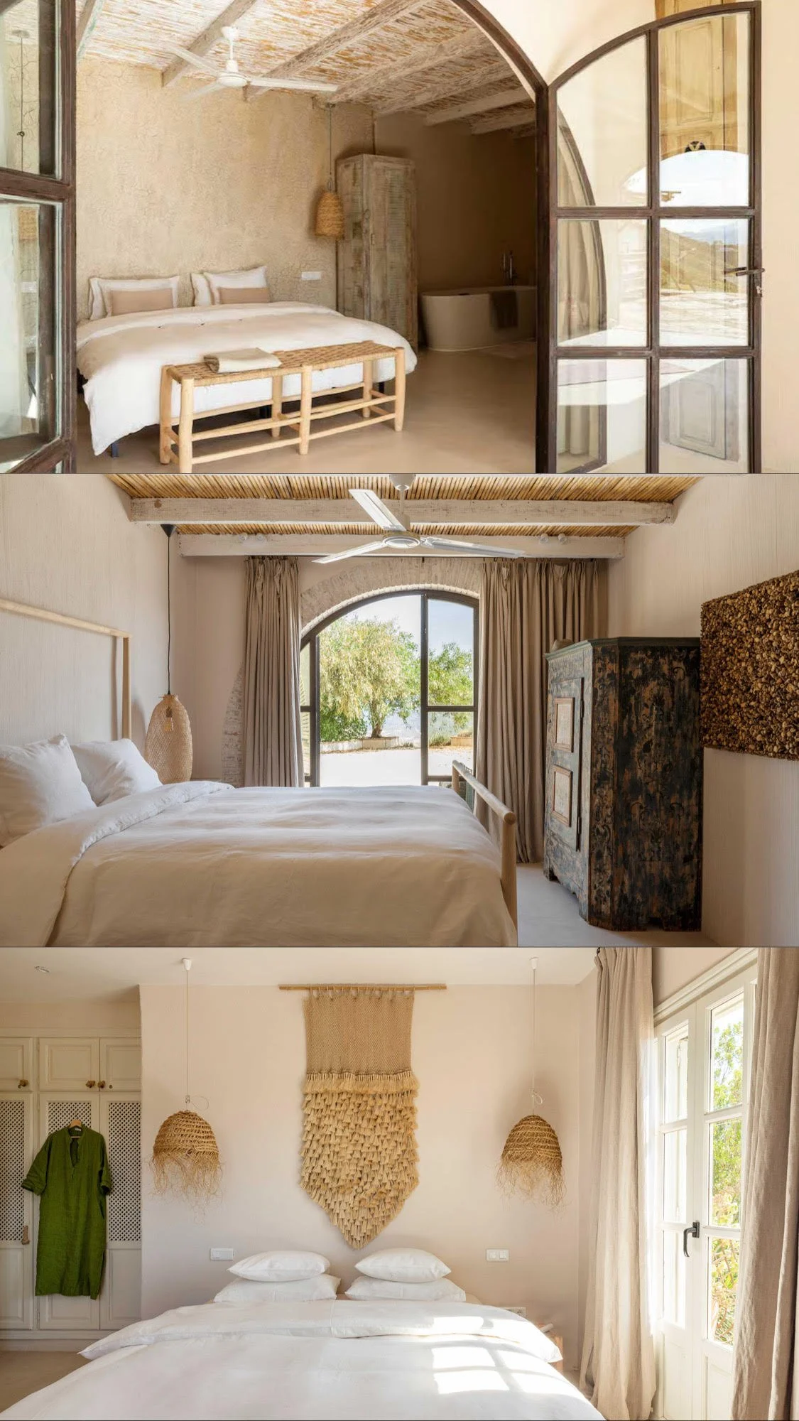 Three images of interior bedrooms with neutral and natural decor, featuring large windows, beds with white linens, and rustic or minimalist furniture.