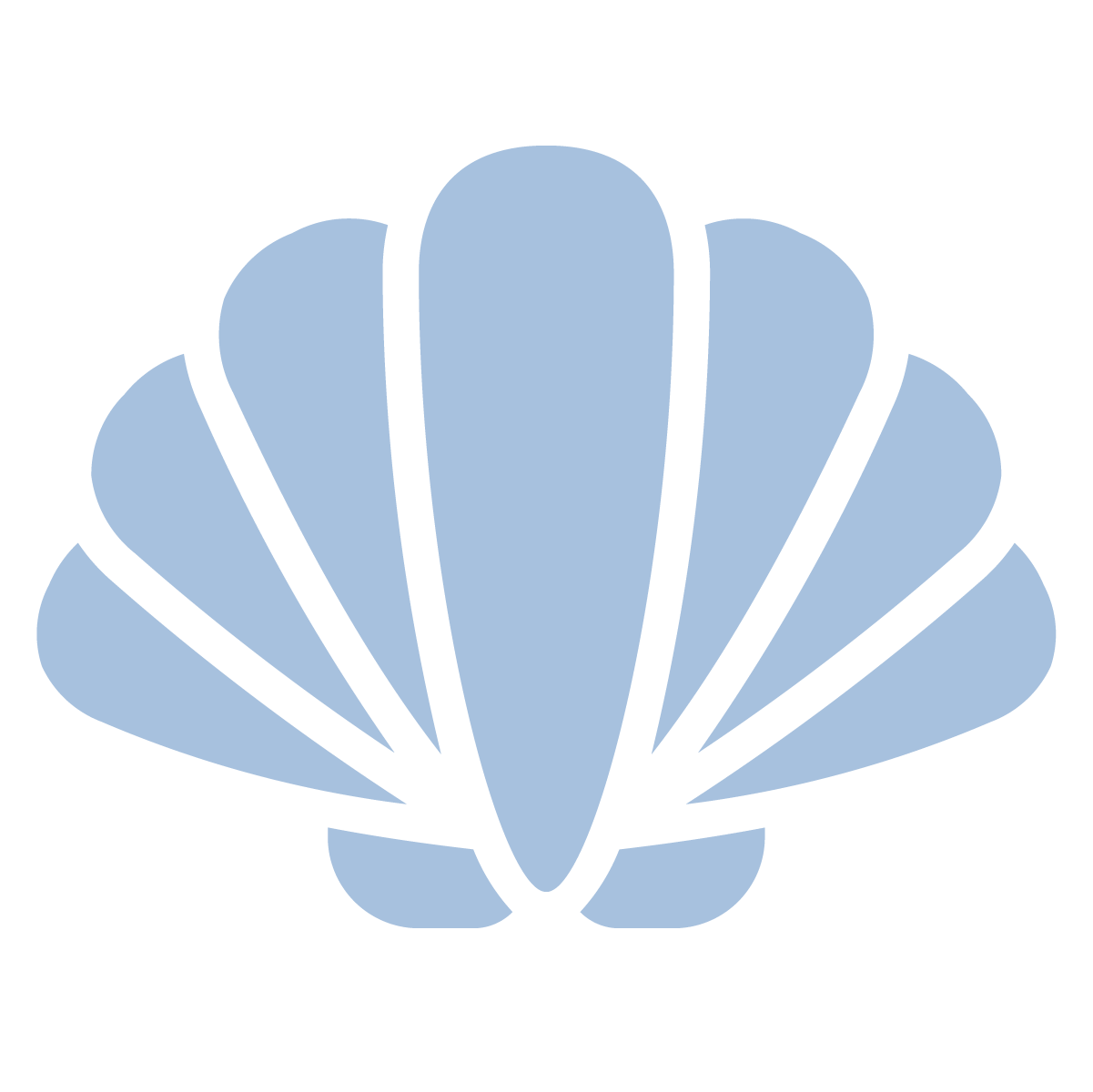 Blue shell shape with black outline, resembling a stylized seashell or fan