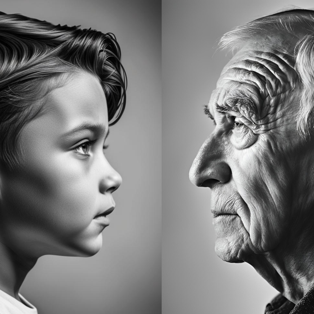 Side profile black and white photo of a young boy and an elderly man facing each other.