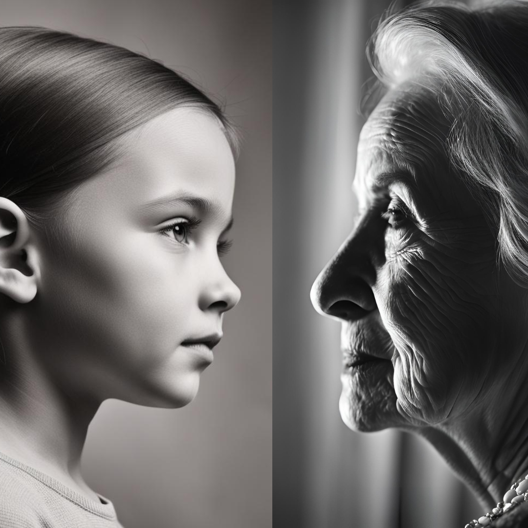 Black and white photograph of a young girl and an elderly woman, shown in profile facing each other, emphasizing their facial features and expressions.