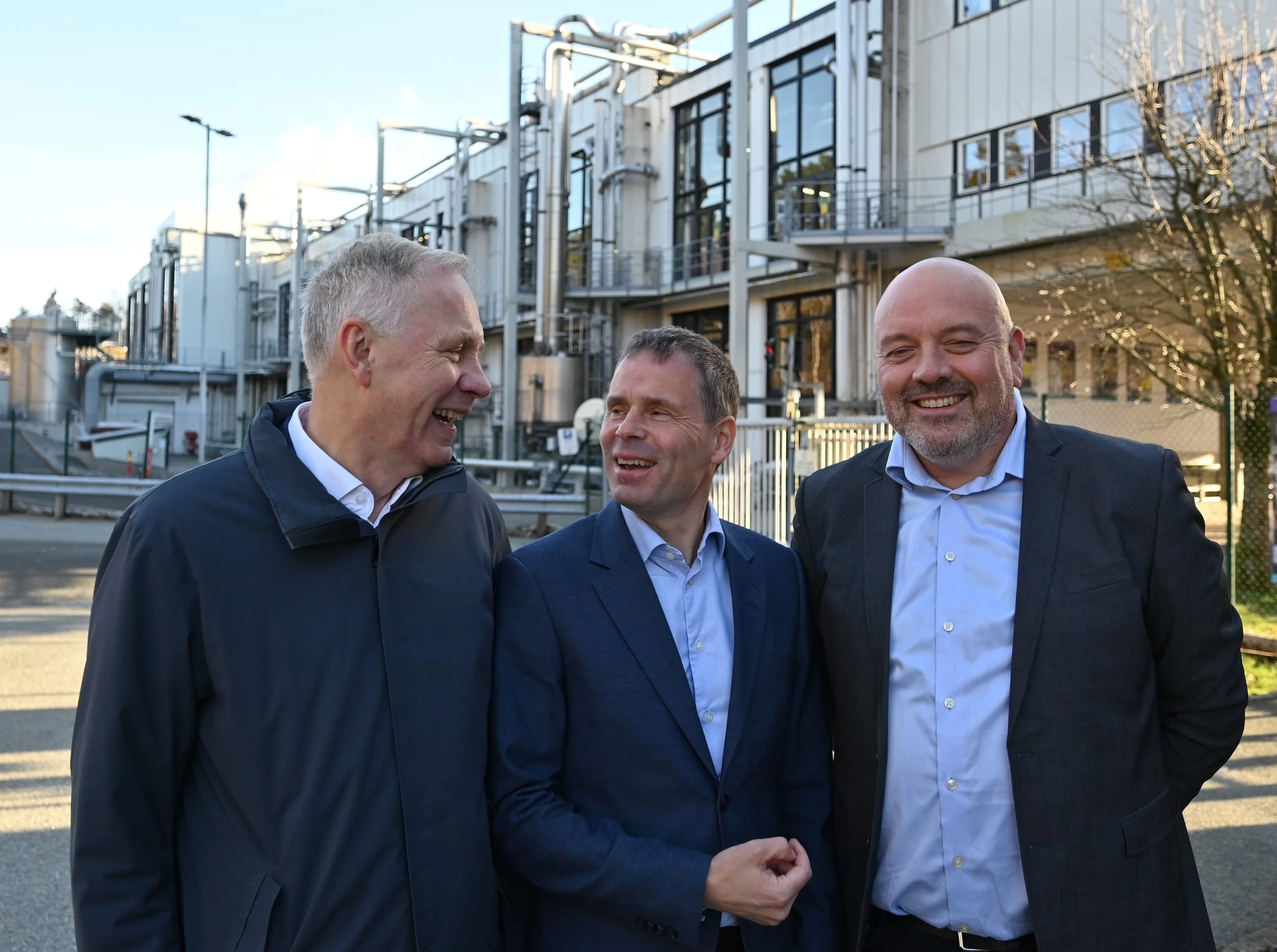 Enerin Chair Raymond Carlsen, CEO Founder and Partner Arne Høeg, and COO Founder and Partner Trond-Atle Asphjell, photographed outside GE Healthcare, Lindesnes, Norway.