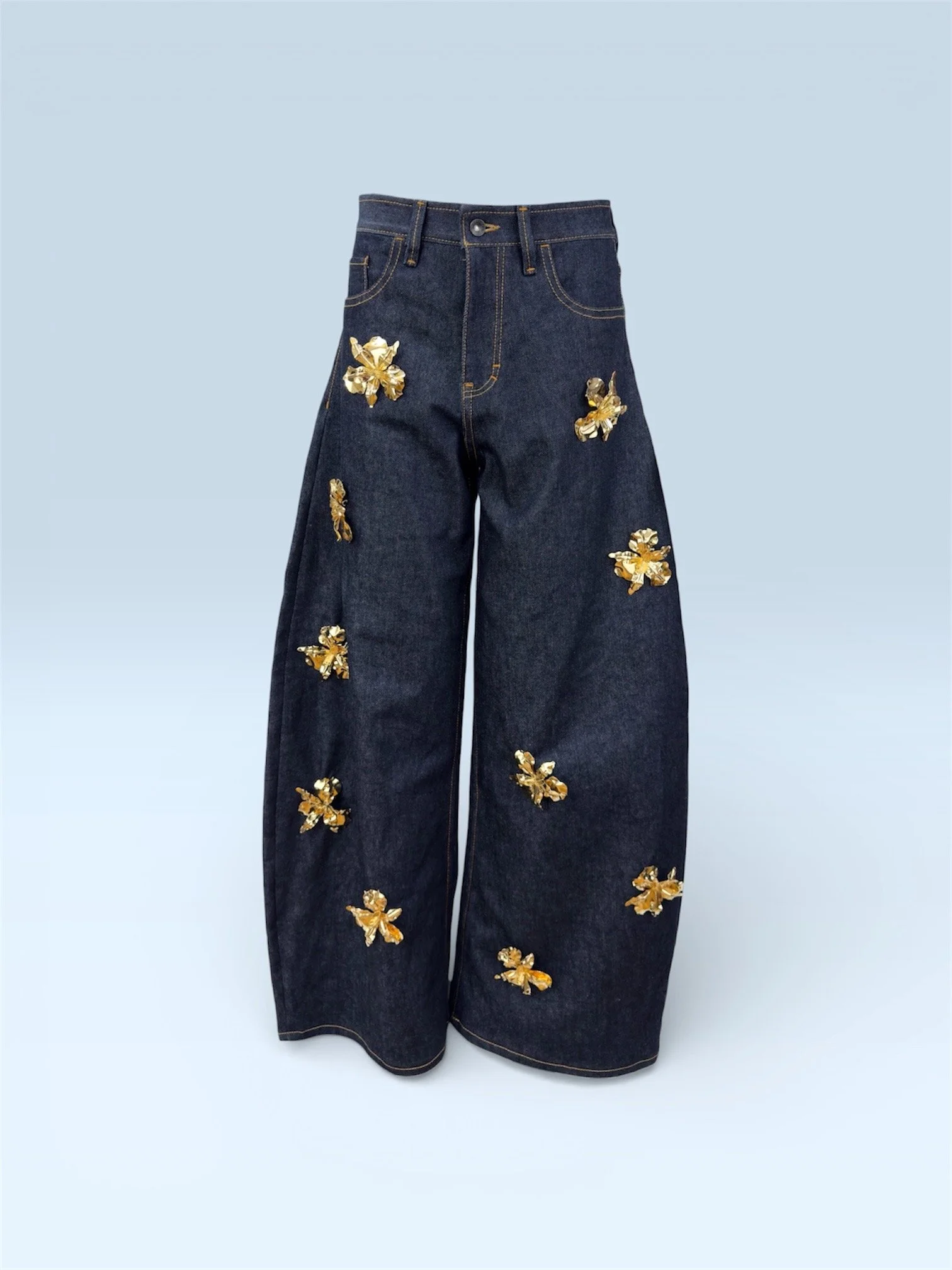Gold Floral Embellished Wide-Leg Jeans