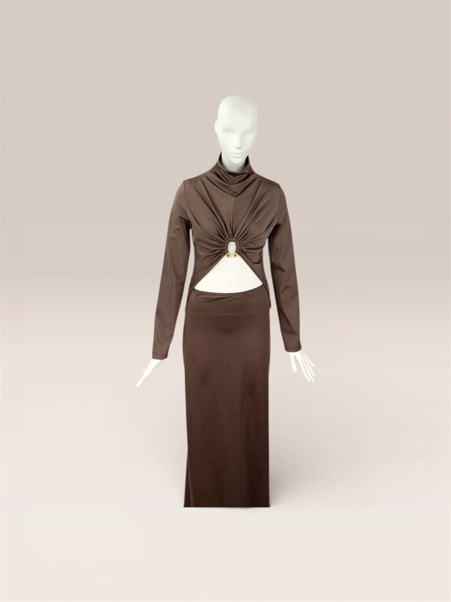 Sophisticated Cut-Out Long Sleeve Dress in Tan