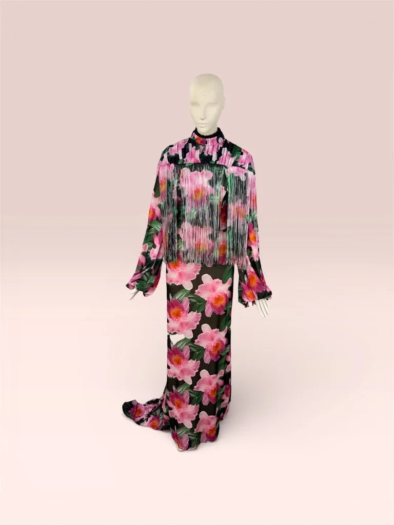 Orquideorama Floral Fantasy Maxi Dress with Fringes