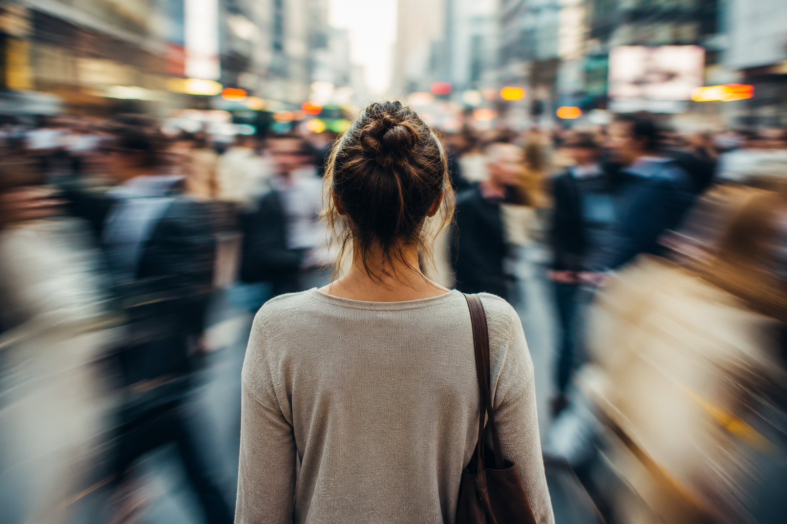 A woman with her hair in a bun standing in a crowded city street with blurred motion of pedestrians around her.