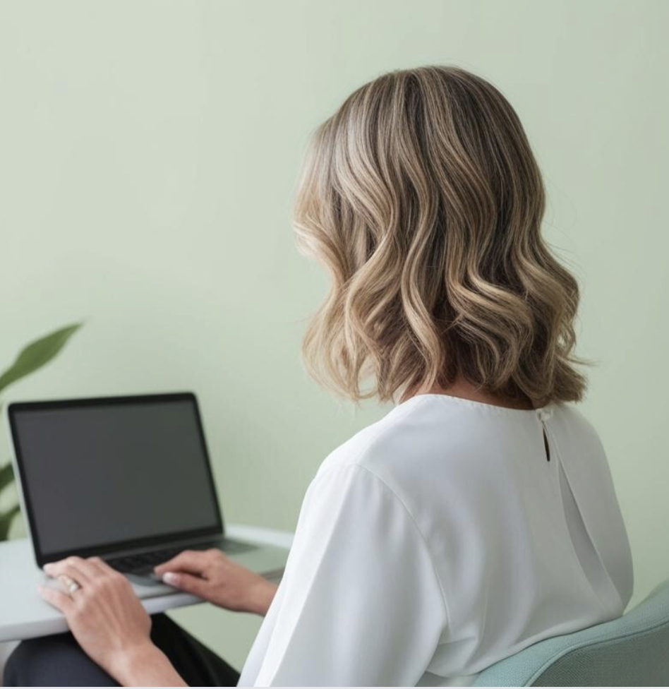 A woman with wavy, shoulder-length blonde hair sits at a table working on a laptop with a black screen. She wears a white blouse and is facing away from the camera, with a green wall in the background and a plant partially visible to the left.