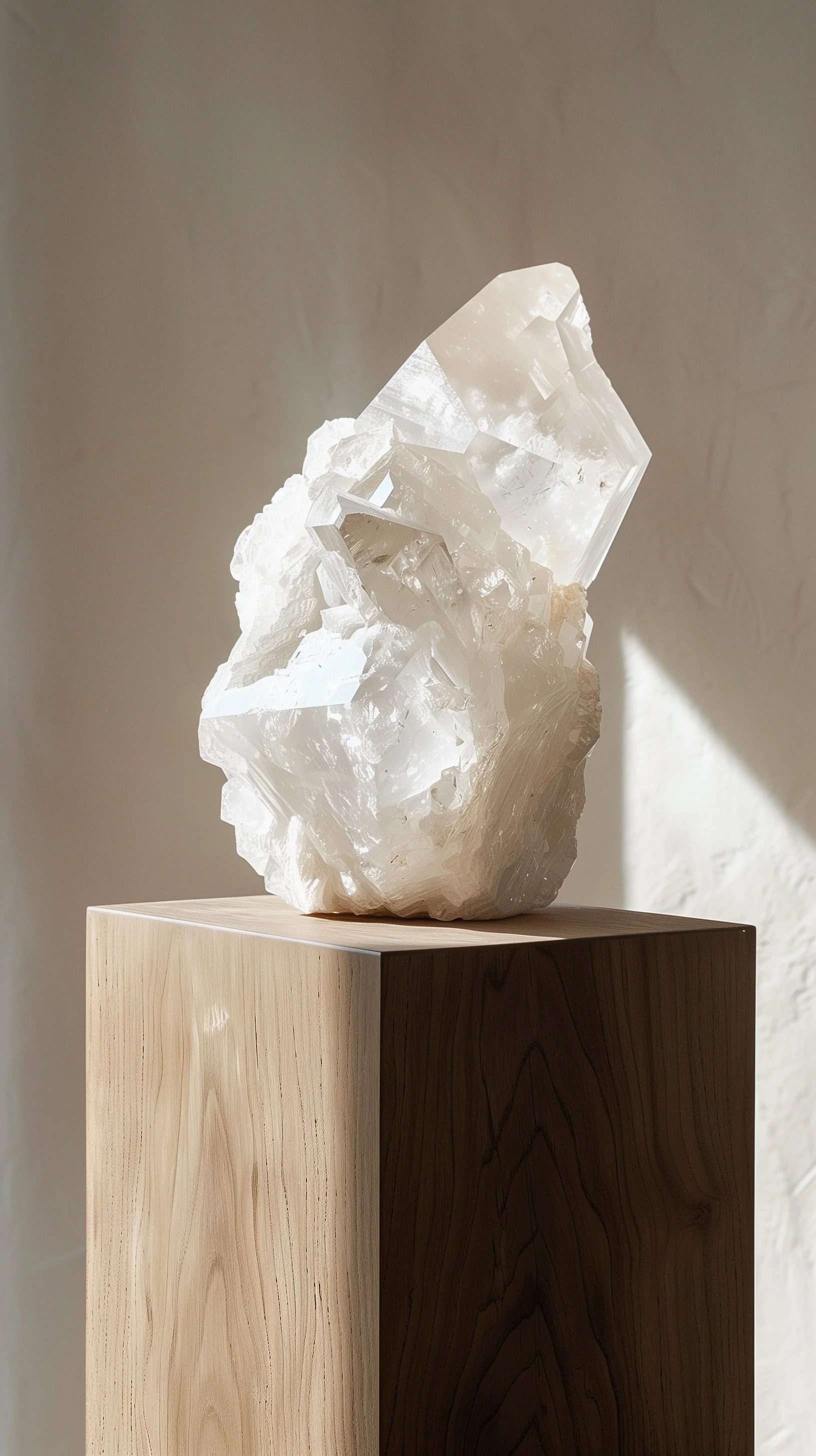 Large white crystal on a wooden pedestal