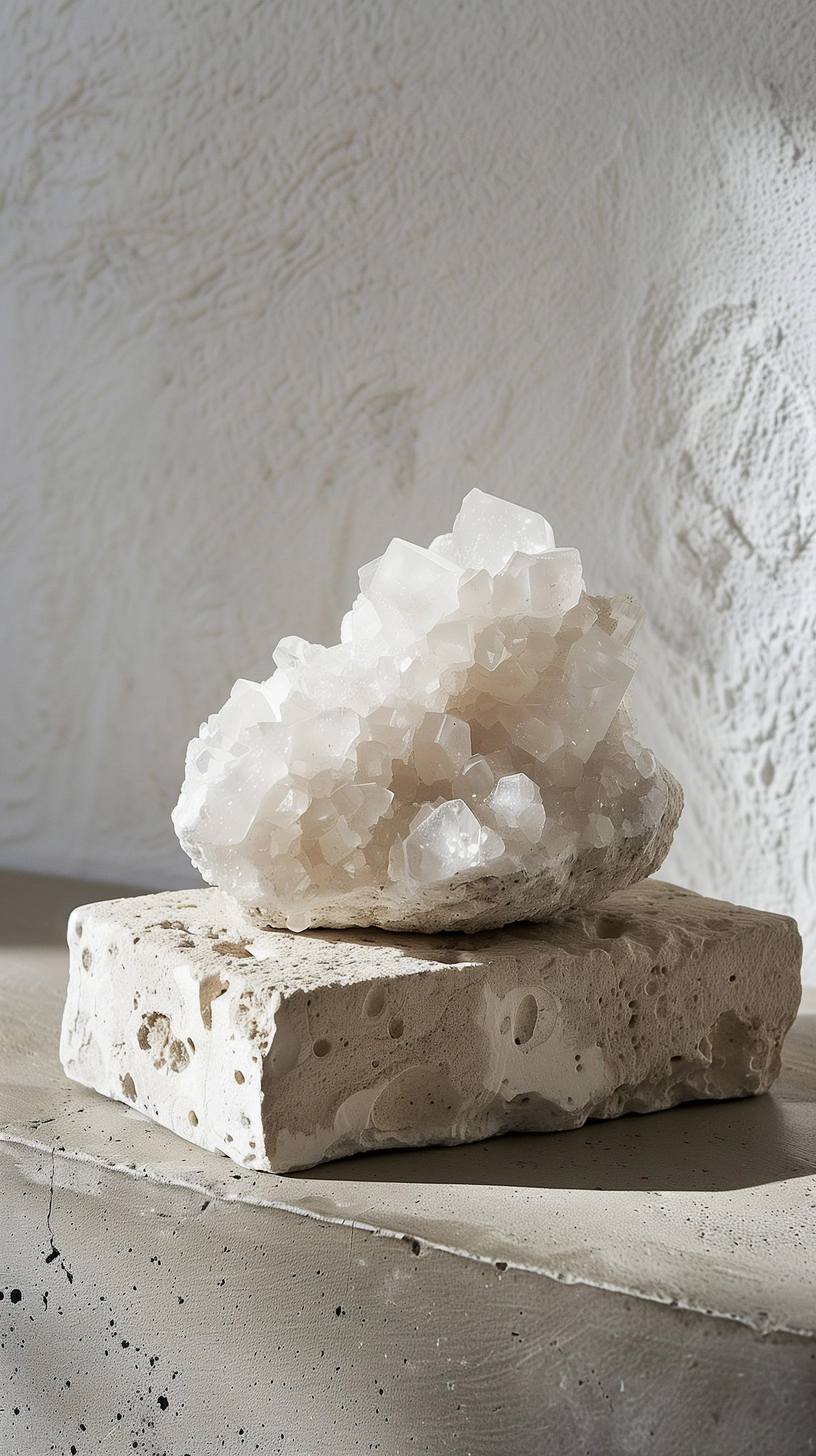 White crystal cluster on a porous stone block against a textured background.