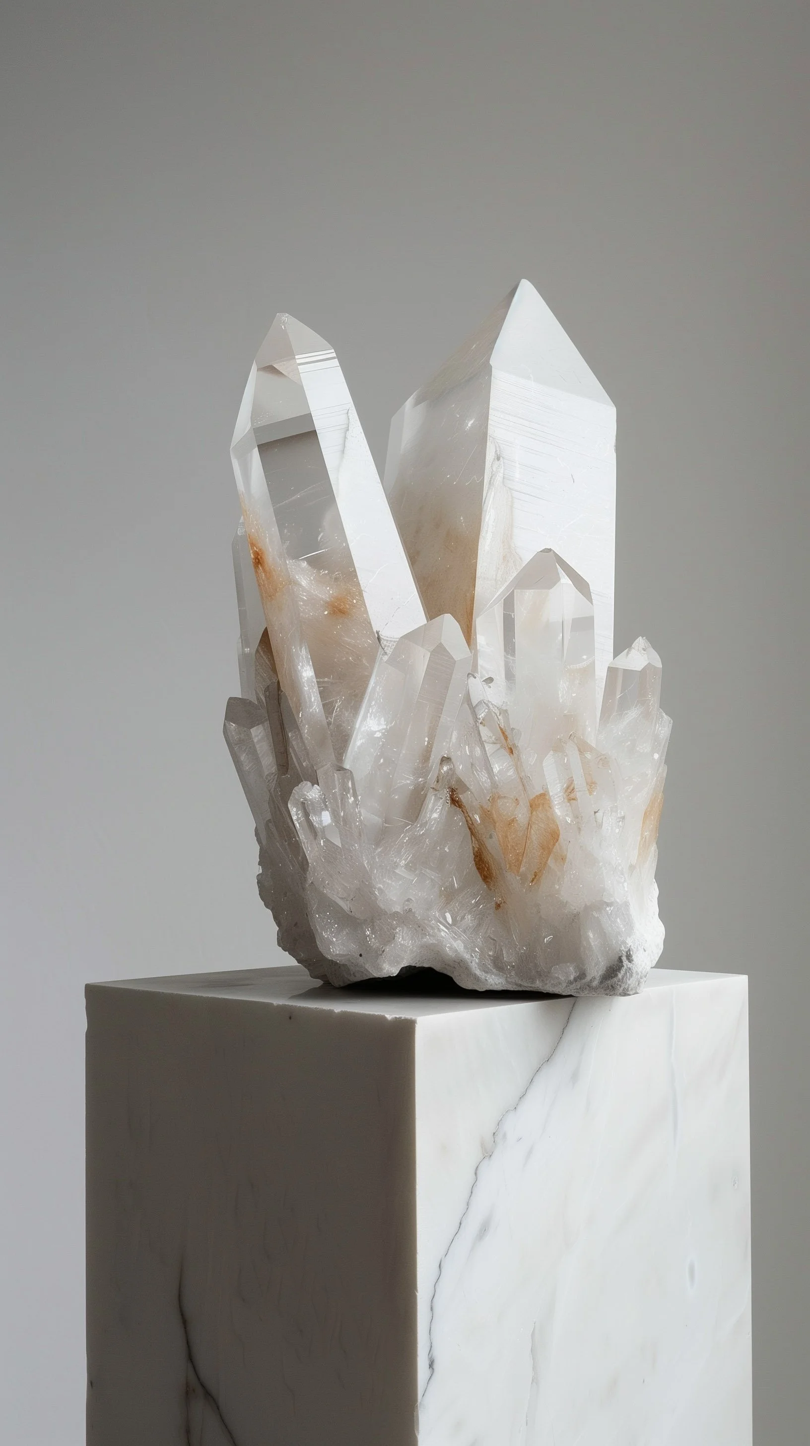Large clear quartz crystal cluster on a marble pedestal against a gray background.