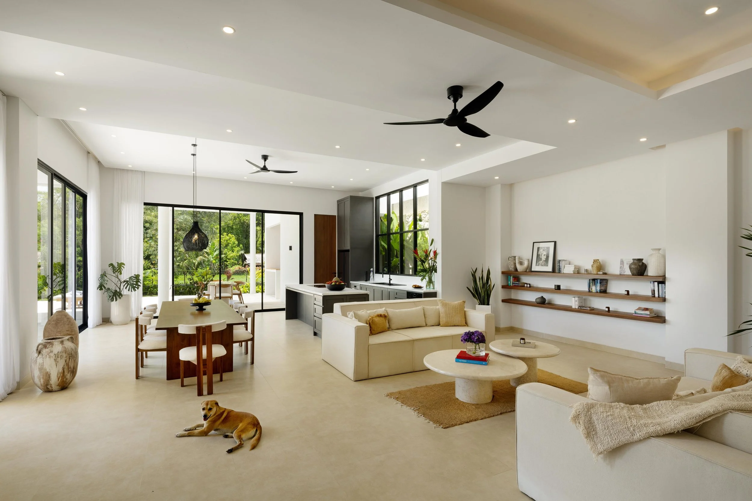 Spacious modern living and dining area with neutral tones, large glass windows, and a dog lying on the floor.