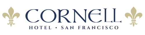 Cornell Hotel San Francisco logo with two fleur-de-lis symbols on a black background.