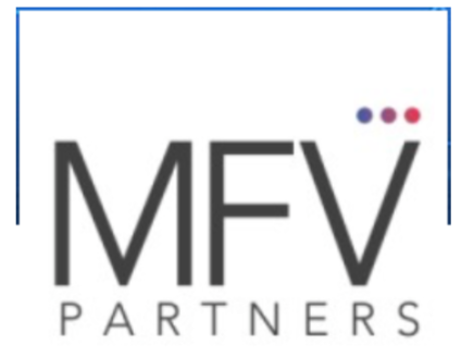 MFV Partners logo with a white background, the letters 'MFV' in large black font, and three small dots in maroon, purple, and red above the final 'V'.