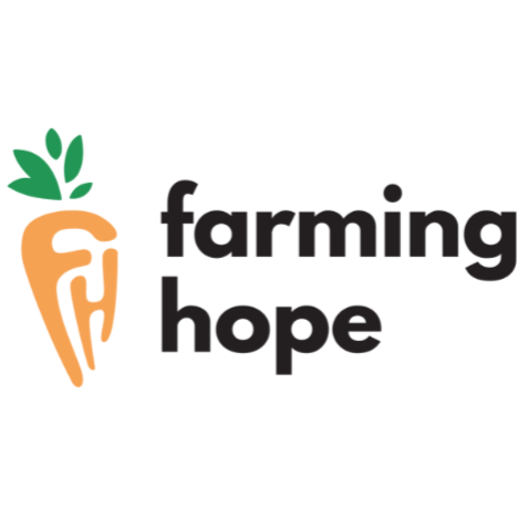 Logo featuring a stylized orange carrot with green leaves and the words 'farming hope' in lowercase black text.