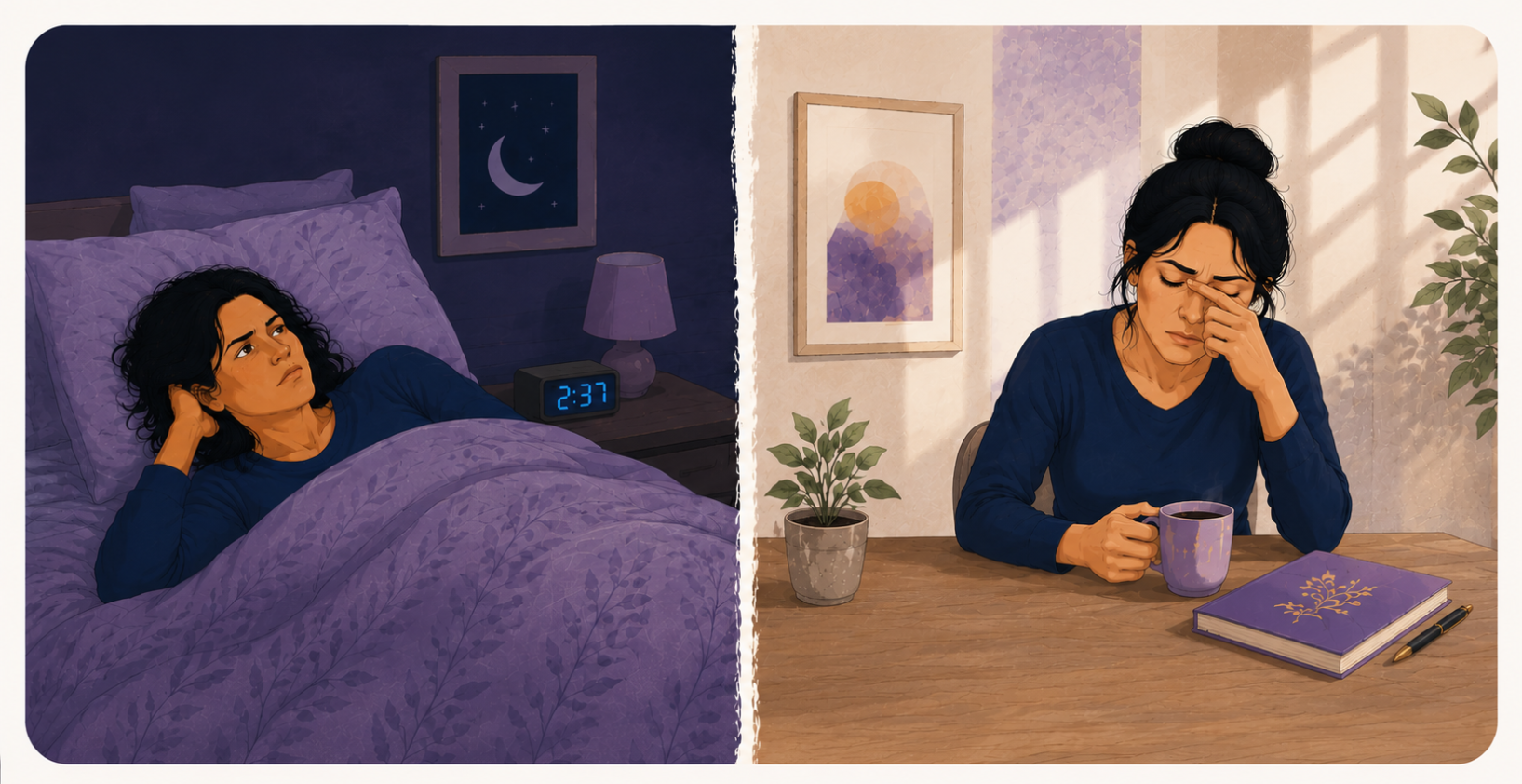 Illustration of a woman struggling with sleepless nights and daytime exhaustion, representing fatigue, brain fog and emotional overwhelm during perimenopause.