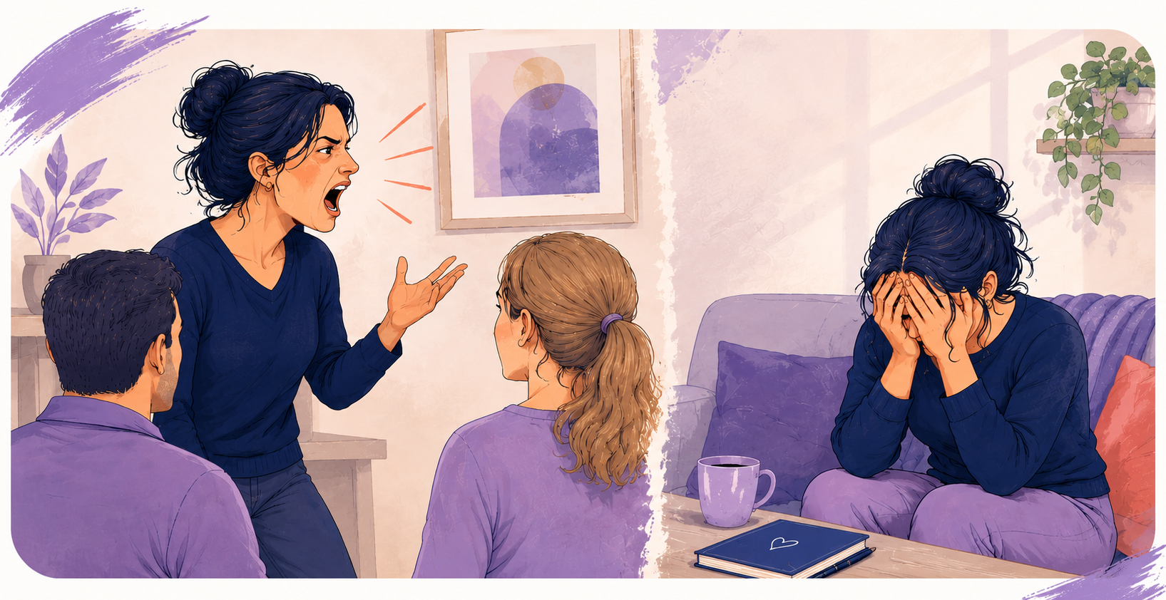 Illustration showing a woman snapping at loved ones during a moment of emotional overwhelm, followed by guilt and sadness. The image represents emotional overload, anger and emotional changes many women experience during perimenopause and midlife.