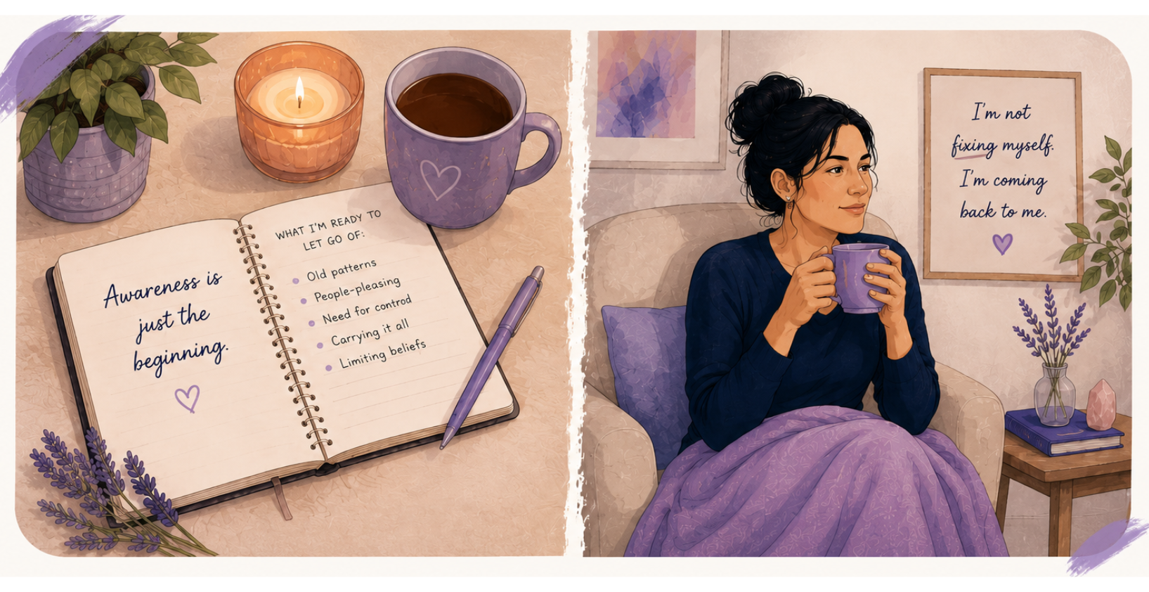 Illustration of a woman journaling, reflecting and enjoying a quiet moment while identifying old patterns to release, representing self-awareness, emotional healing and creating lasting change during midlife and perimenopause.