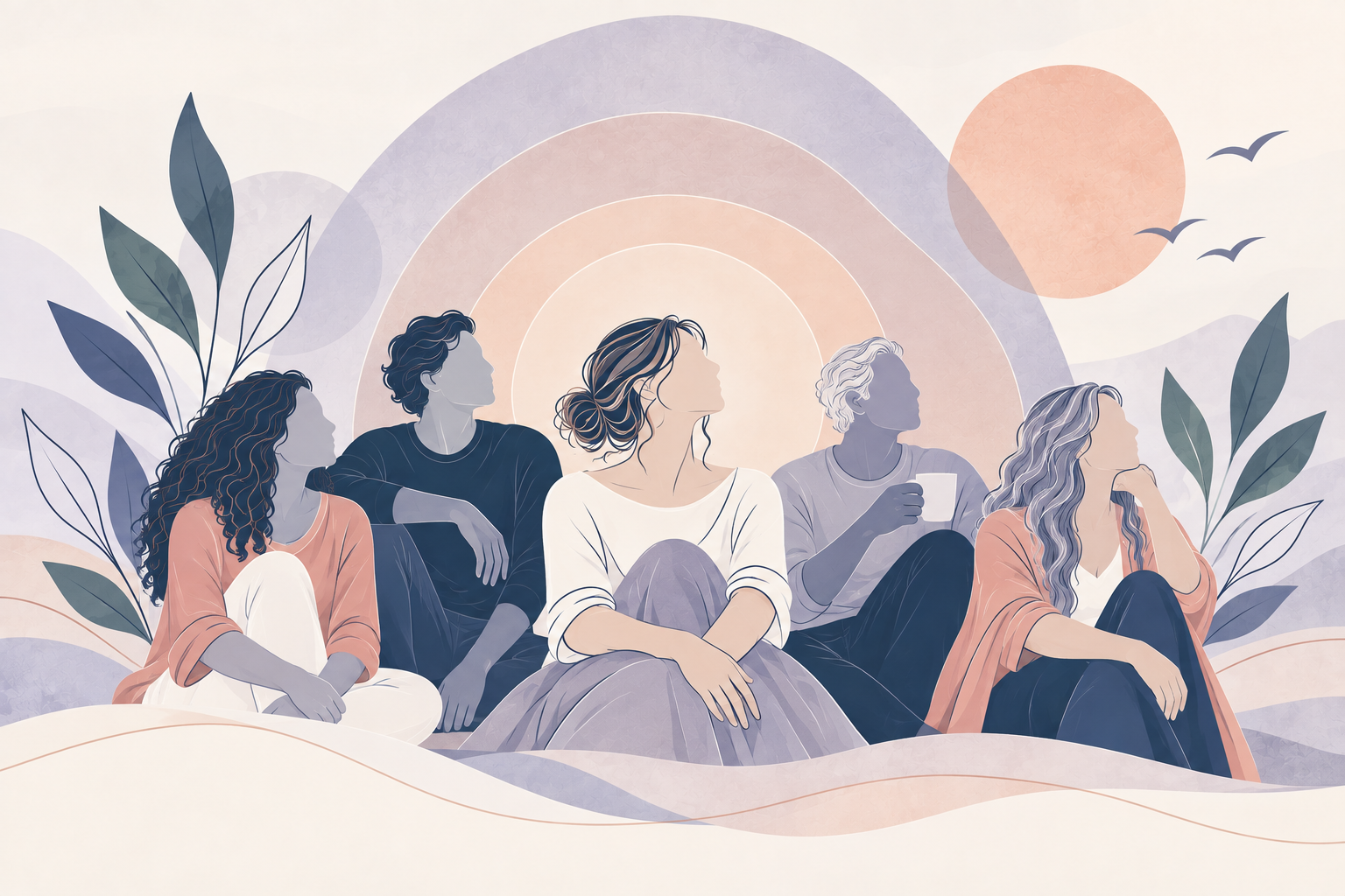 Illustration of a diverse group of adults surrounded by soft concentric layers, representing the emotional, energetic and nervous system layers that can influence well-being.