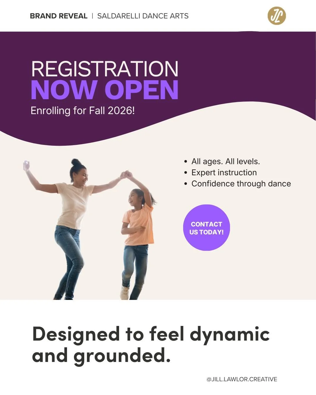 Part 2 of the Saldarelli Dance Arts reveal.

Beyond the logo, every part of the visual identity was designed to reflect the rhythm, creativity, and encouragement that dancers experience inside the studio. Instead of relying on literal dance imagery, 
