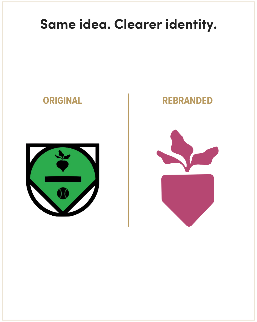 Original and rebranded Home Plate by Lindsey logos, showing four symbols simplified into one home plate and beet mark.