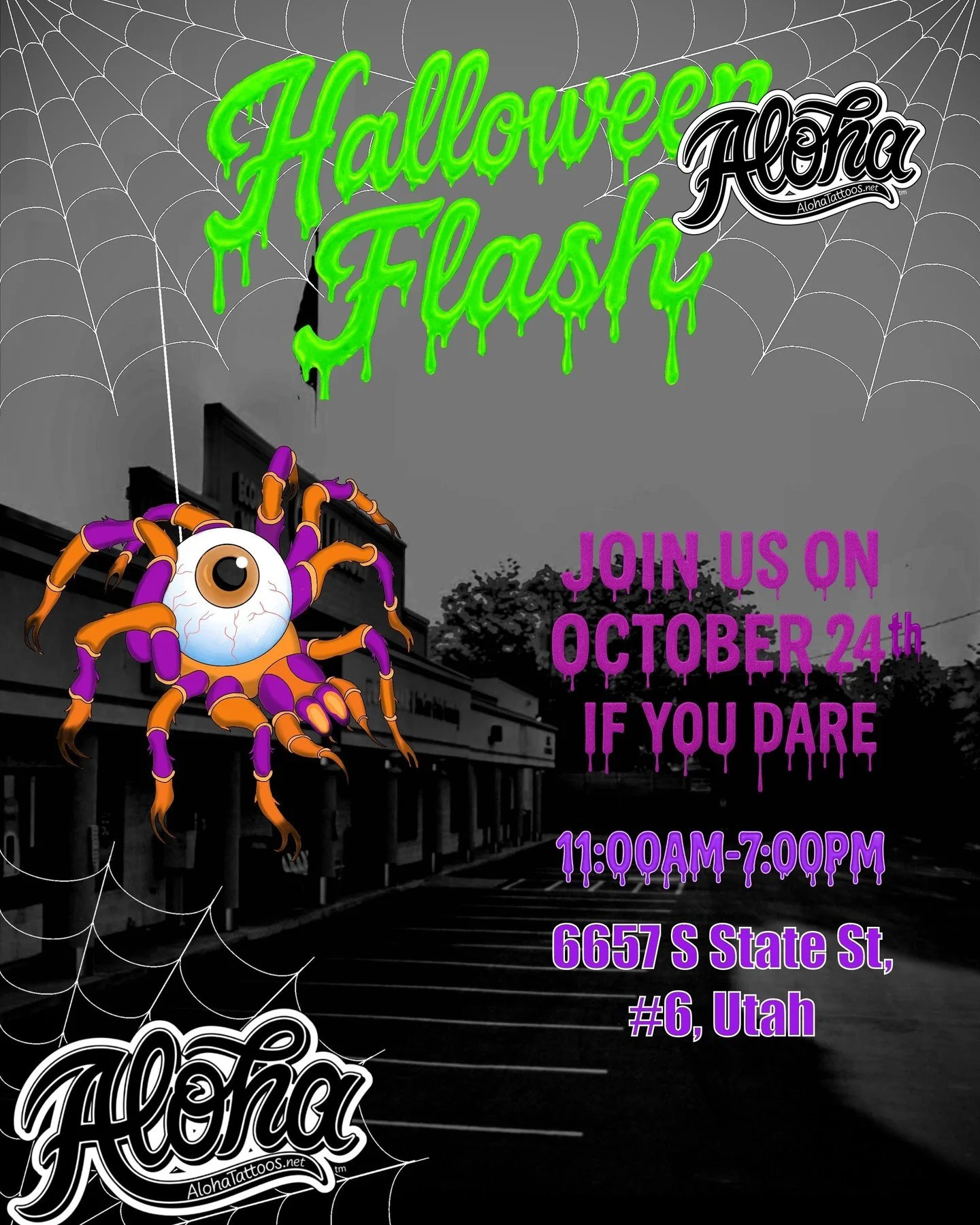 🎃 SPOOKY SEASON FLASH EVENT 🎃
🗓 October 24th | ⏰ 11 AM – 7 PM | 💀 $60–$250
It’s that time of year when the veil is thin… and the tattoos are wicked. 🕸️
Join us for Aloha Tattoos’ one-day-only Halloween Flash Even