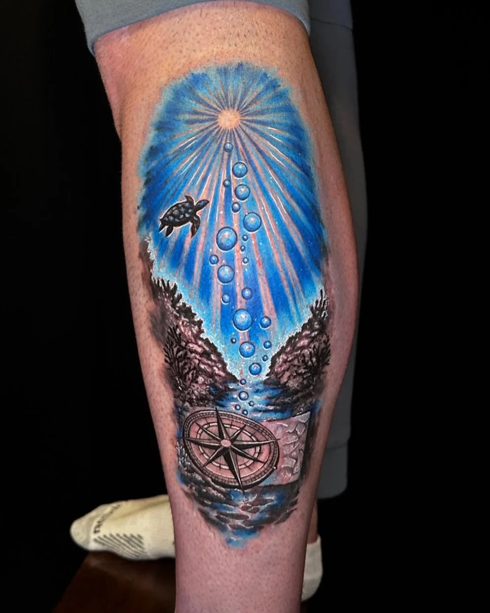 More fun at the shop! give @alohasaltlake a follow! - Under the sea tattoo 🌊🐚🐢 - -Artist: @paul_tattoo.art 🔥 -Aloha Tattoos 📍🌺 -Walk ins welcome everyday✨ - - - - #oceanthemetattoo #seaturtletattoo #navigationtattoos #skubadivertattoo #colortat