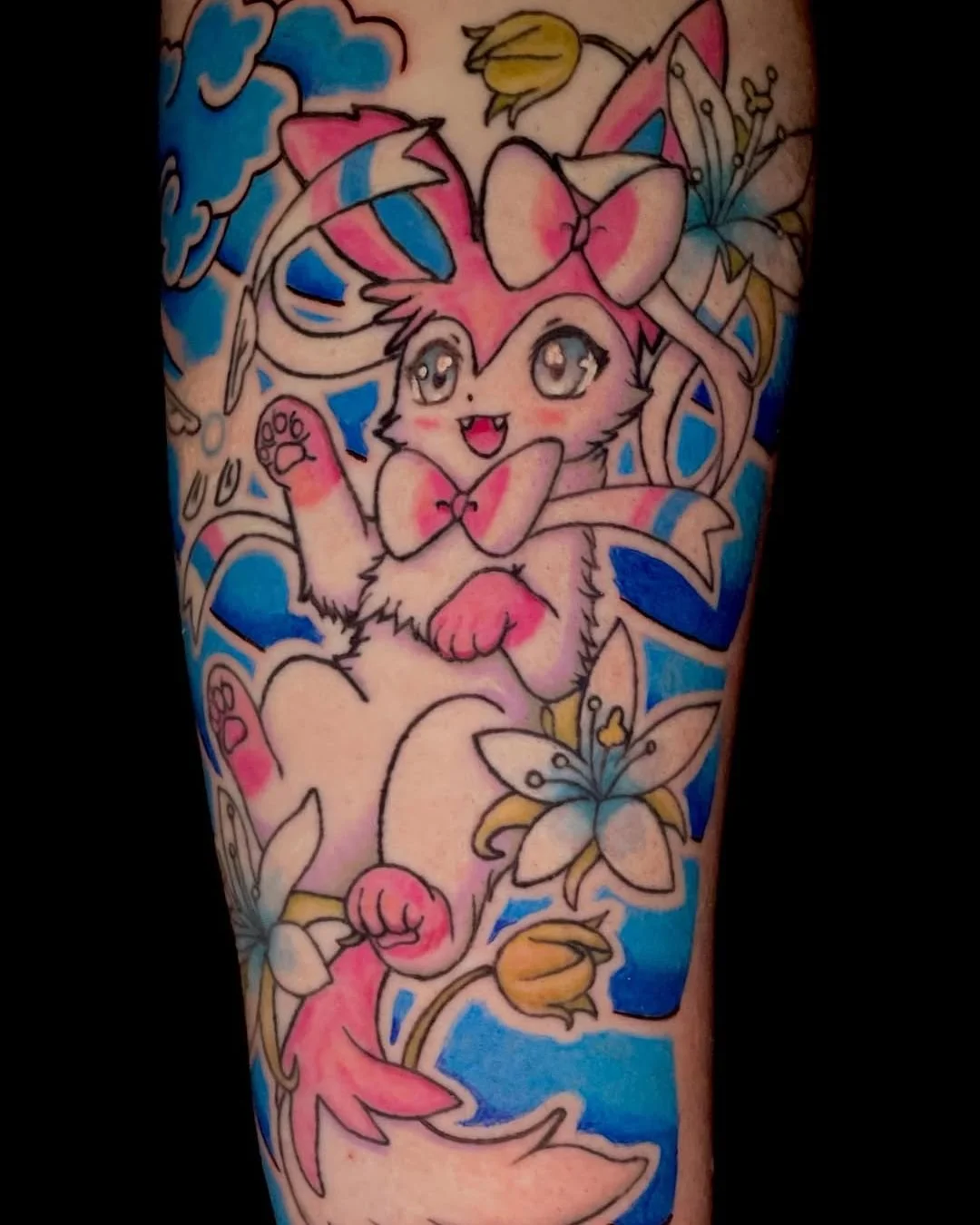 More fun at the shop! give @alohasaltlake a follow! - Thanks so much to Ash for letting me run away with this concept. I&rsquo;m actually kinda sad it&rsquo;s over 😅🥰 . . . #pok&eacute;montattoo #colortattoo #japanesetattoo #sylveontattoo #utahtatt