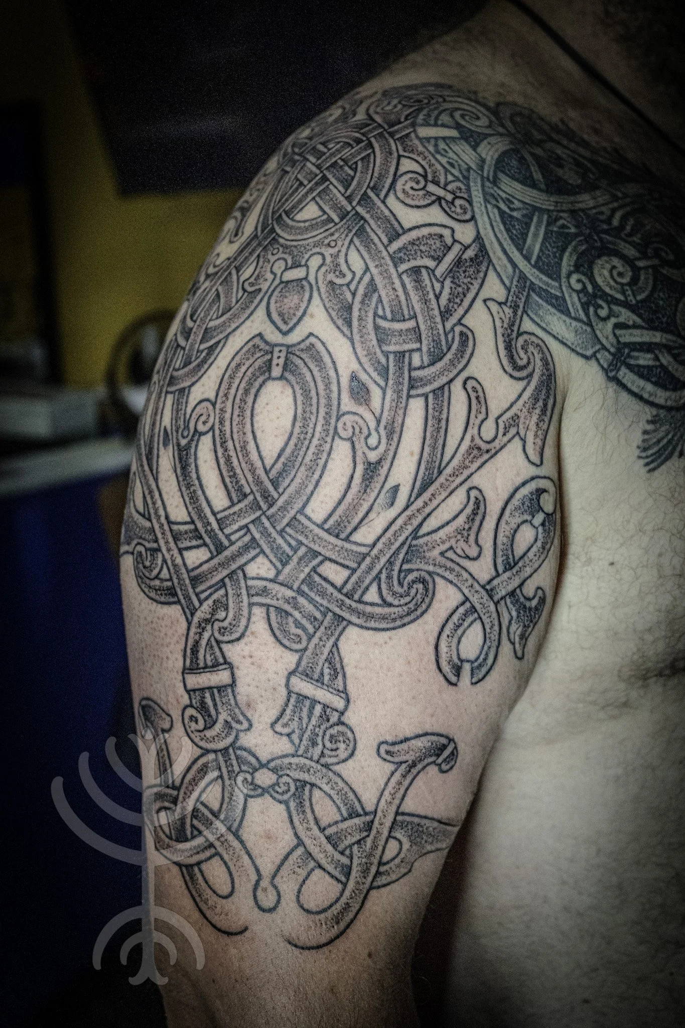 Black and gray Celtic knot tattoo on a person's upper arm and shoulder.