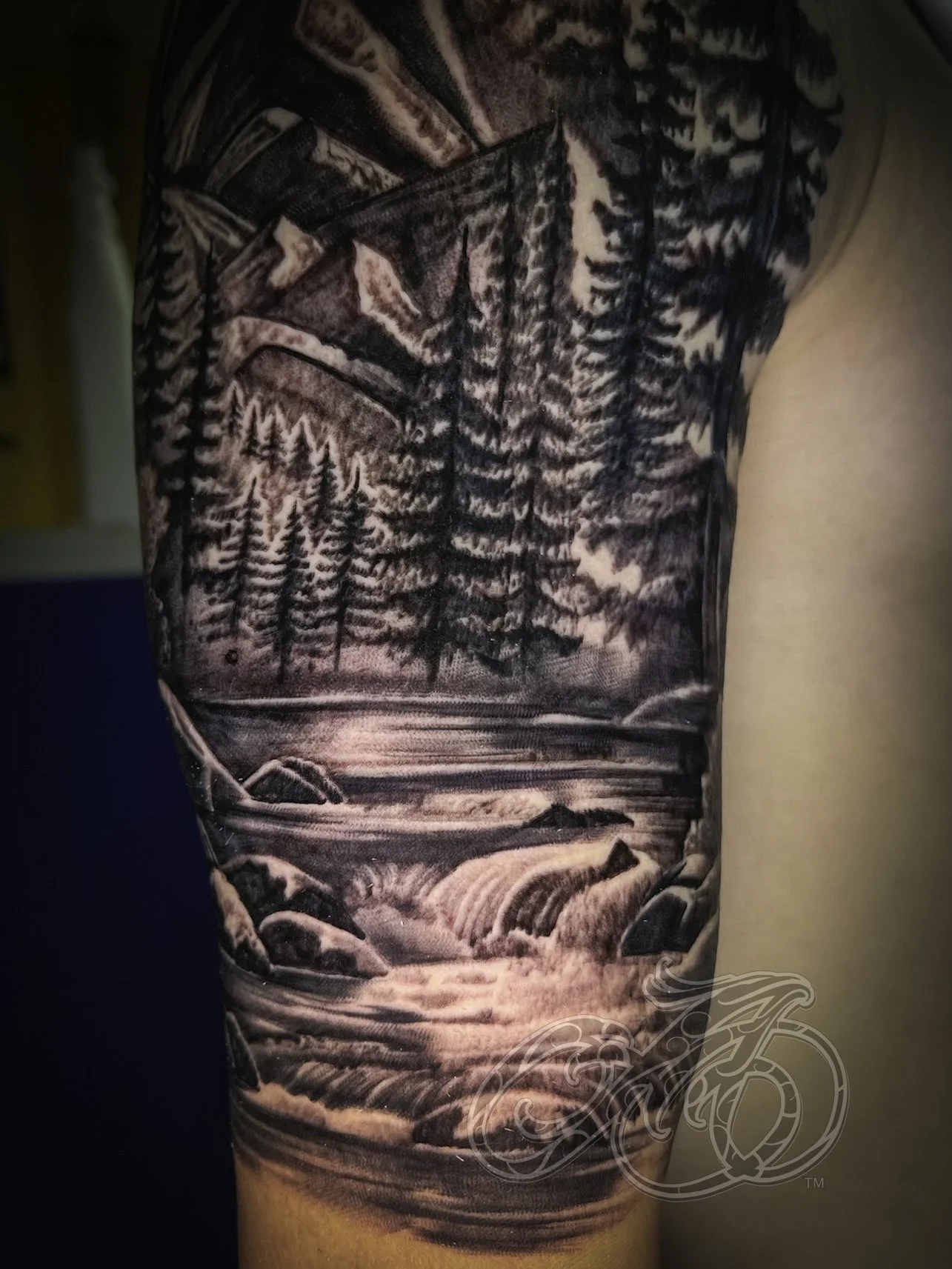 Black and gray tattoo of a forest scene with trees, rocks, and a river on person's upper arm.