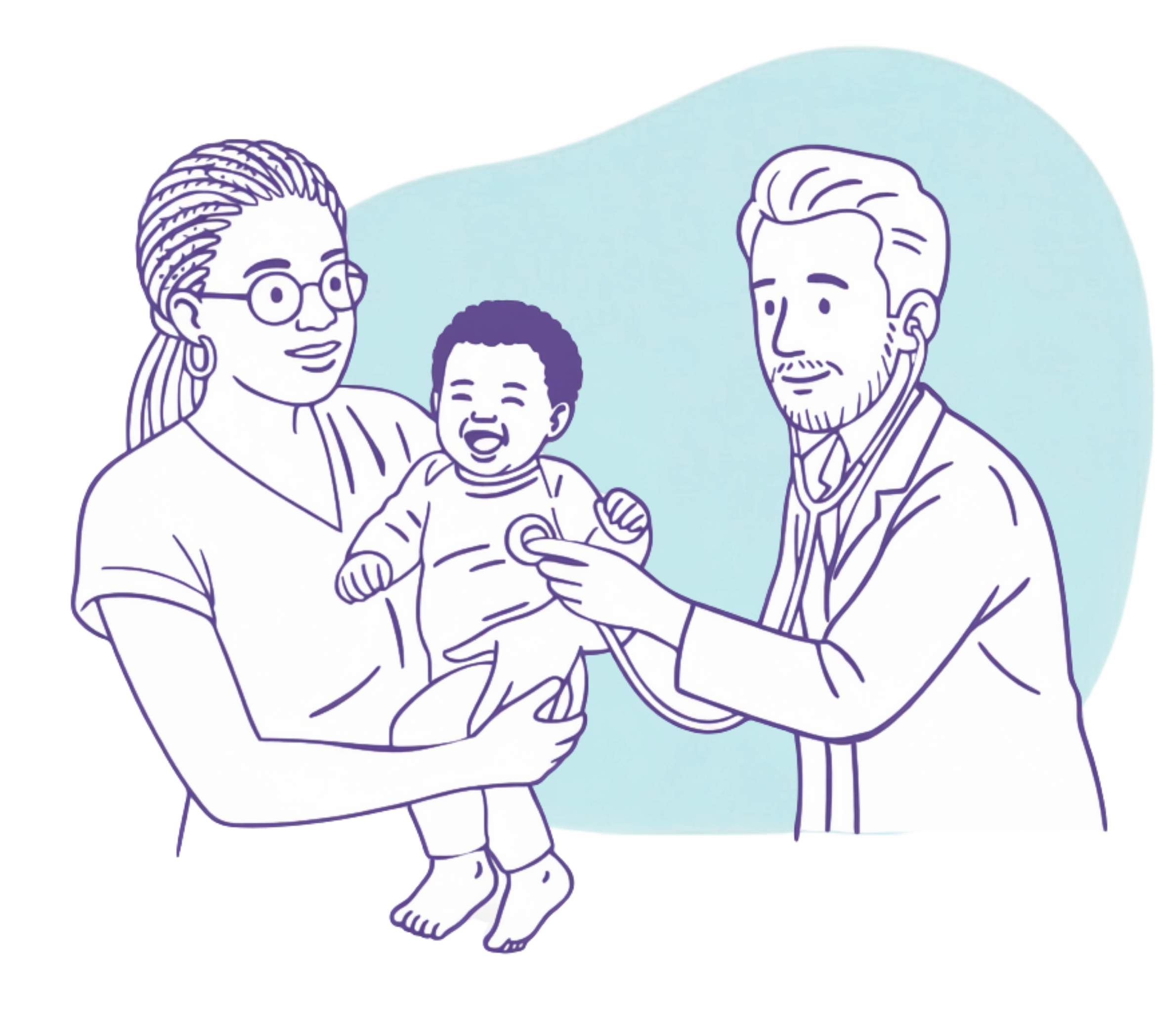 A parent holding a baby while a doctor listens with a stethoscope