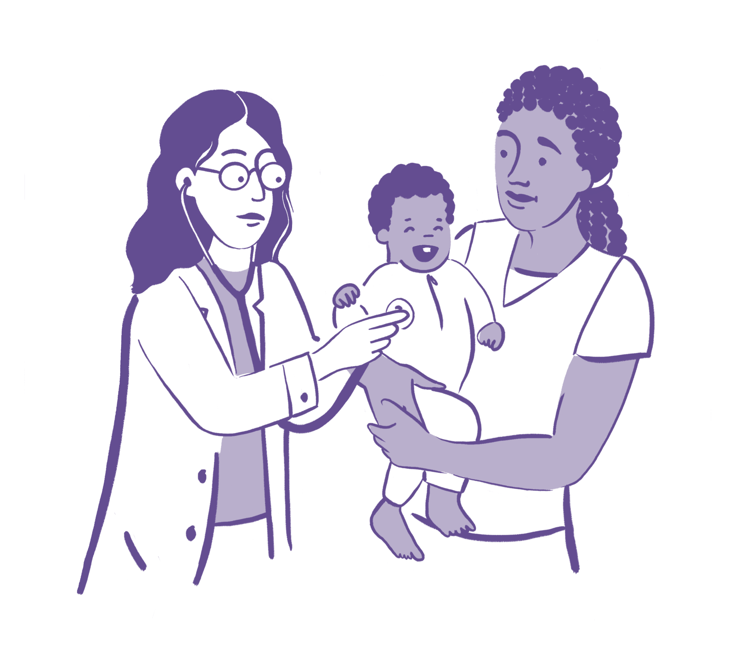 A parent holding a baby while a doctor listens with a stethoscope