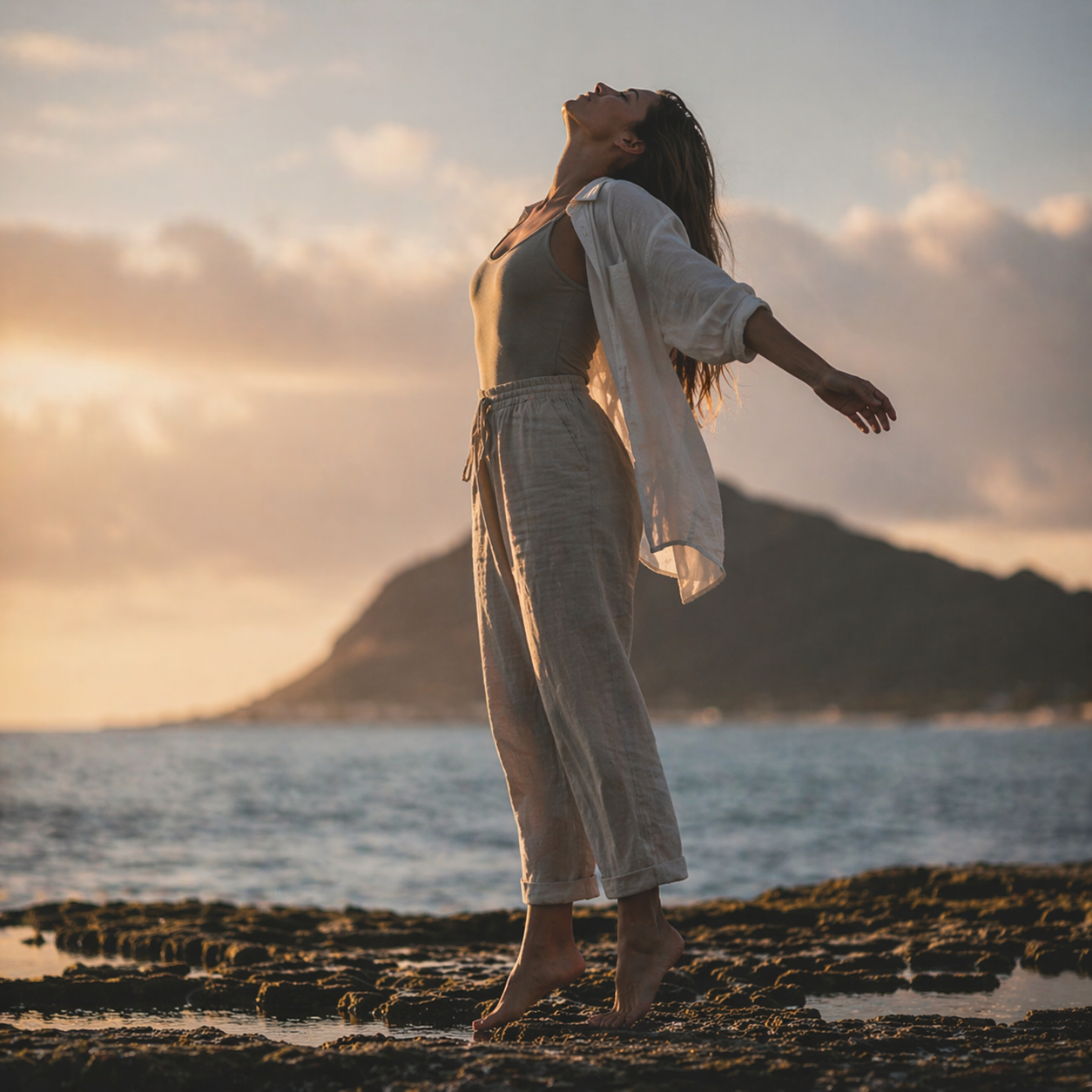 Person jumping energetically on rocky beach near water with mountain in background.