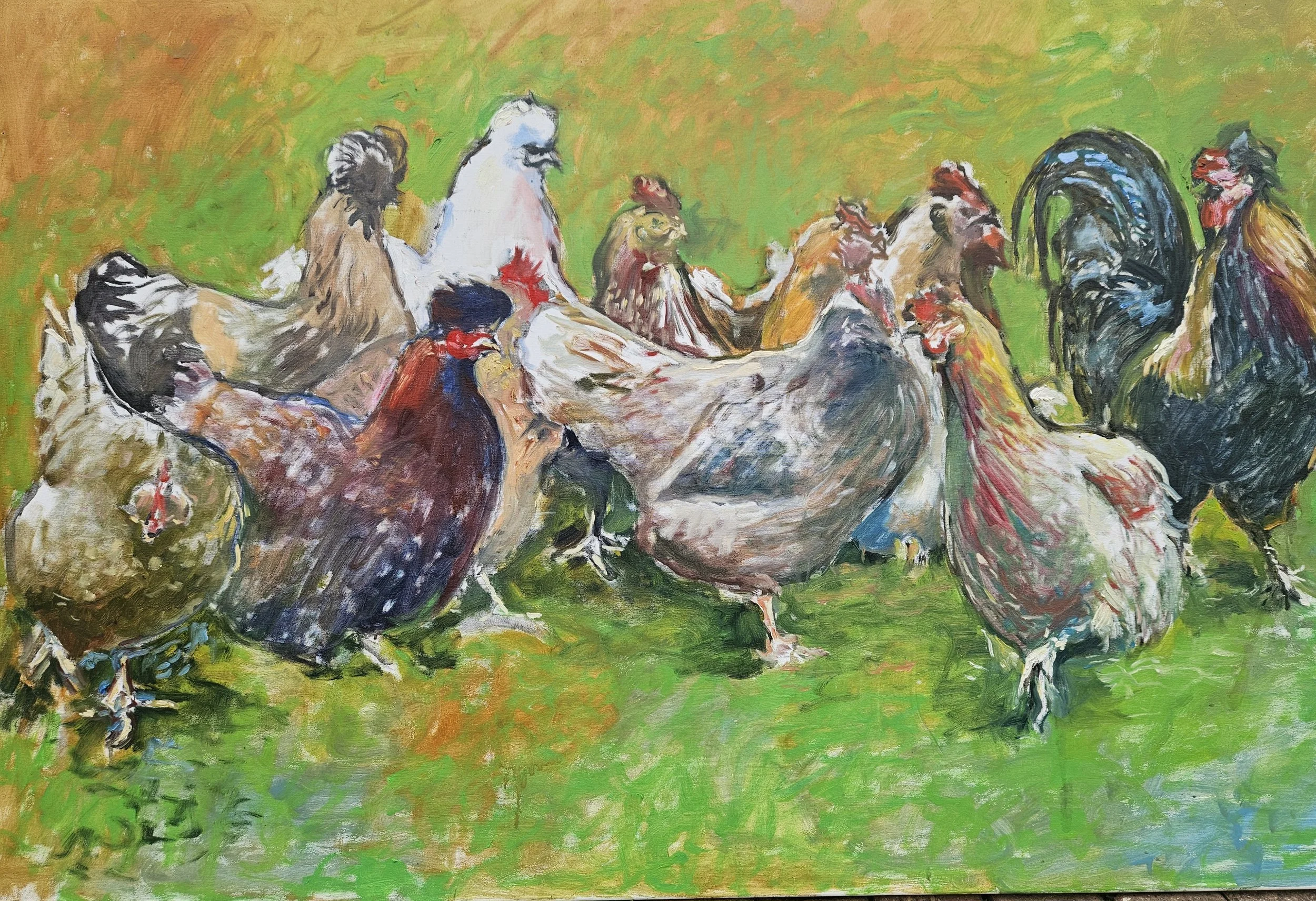 LES POULES ET LE COQ - HUILE -160X110
Ce rassemblement de gallinacés ressemble étrangement à des réunions de personnes, lorsqu'un leader essaye de passer un message ou d'imposer son pouvoir. Chacun semble vouloir suivre son propre agenda. Qui copie q