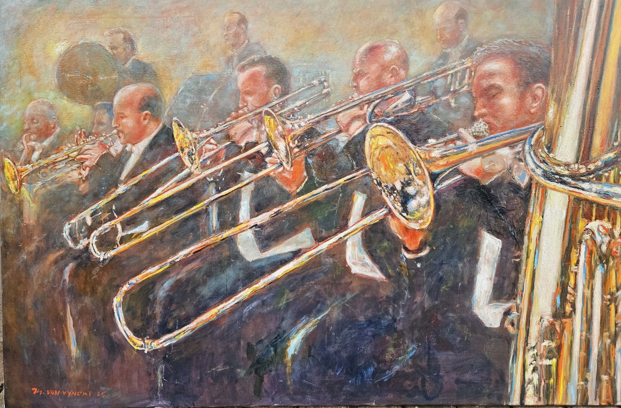 PLEYEL 3 - LES TROMBONISTES- HUILE 160X110
L'artiste considère les cuivres comme les cavaliers lourds de l'orchestre qu'il soit classique ou moderne, leur jeu donne de la force, de l'assise, de la couleur et de la crédibilité au morceau. c'est cette