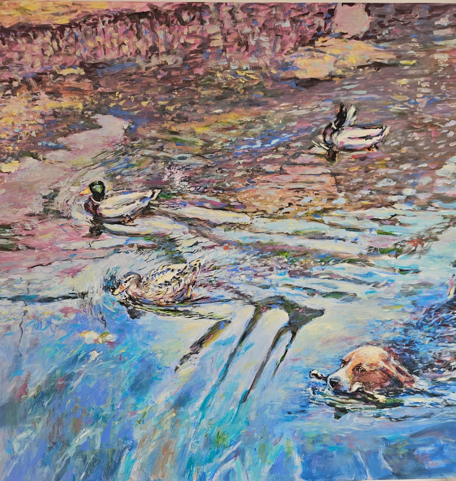 LE BEAGLE ET LES CANARDS D'EVREUX-ACRYLIQUE-100X100