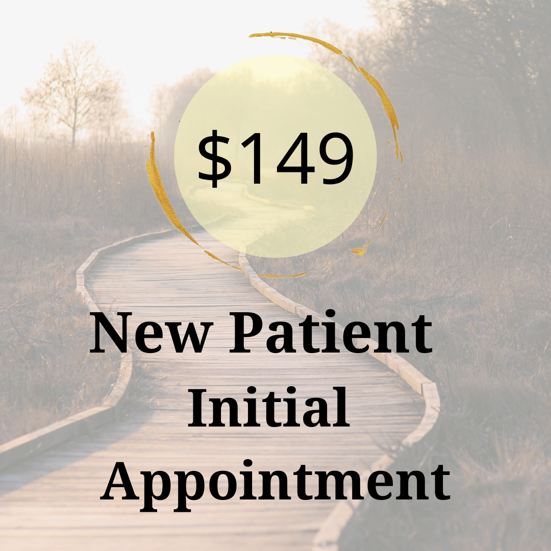 A promotional graphic for a new patient initial appointment costing $149, featuring a wooden walkway in a natural setting with trees and grass in the background.