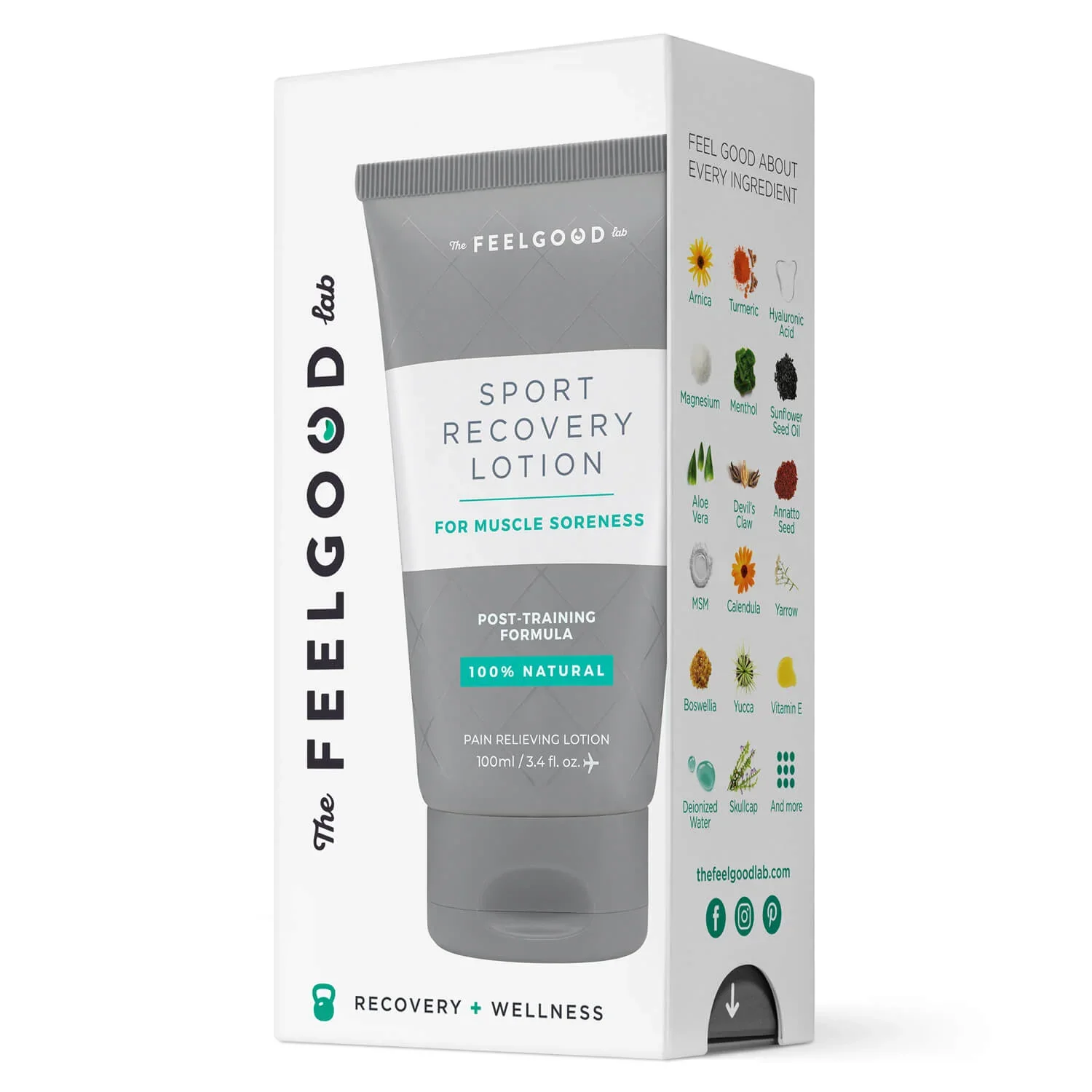A box of Feel Good Lab Sport Recovery Lotion with a gray tube, herbal illustrations, and text promoting natural ingredients for muscle soreness relief.