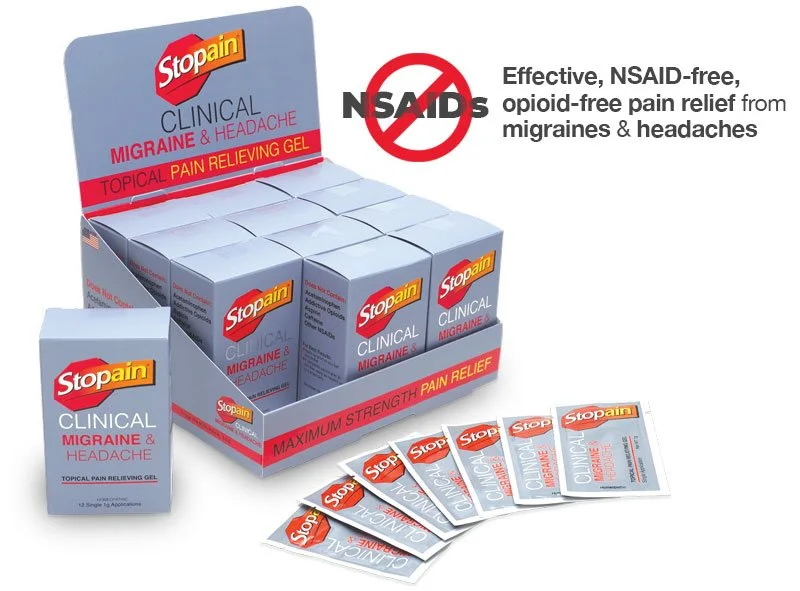 Display of Stopain Clinical Migraine & Headache topical pain relief gel sachets with a box and individual packets, highlighting NSAID-free and opioid-free pain relief.