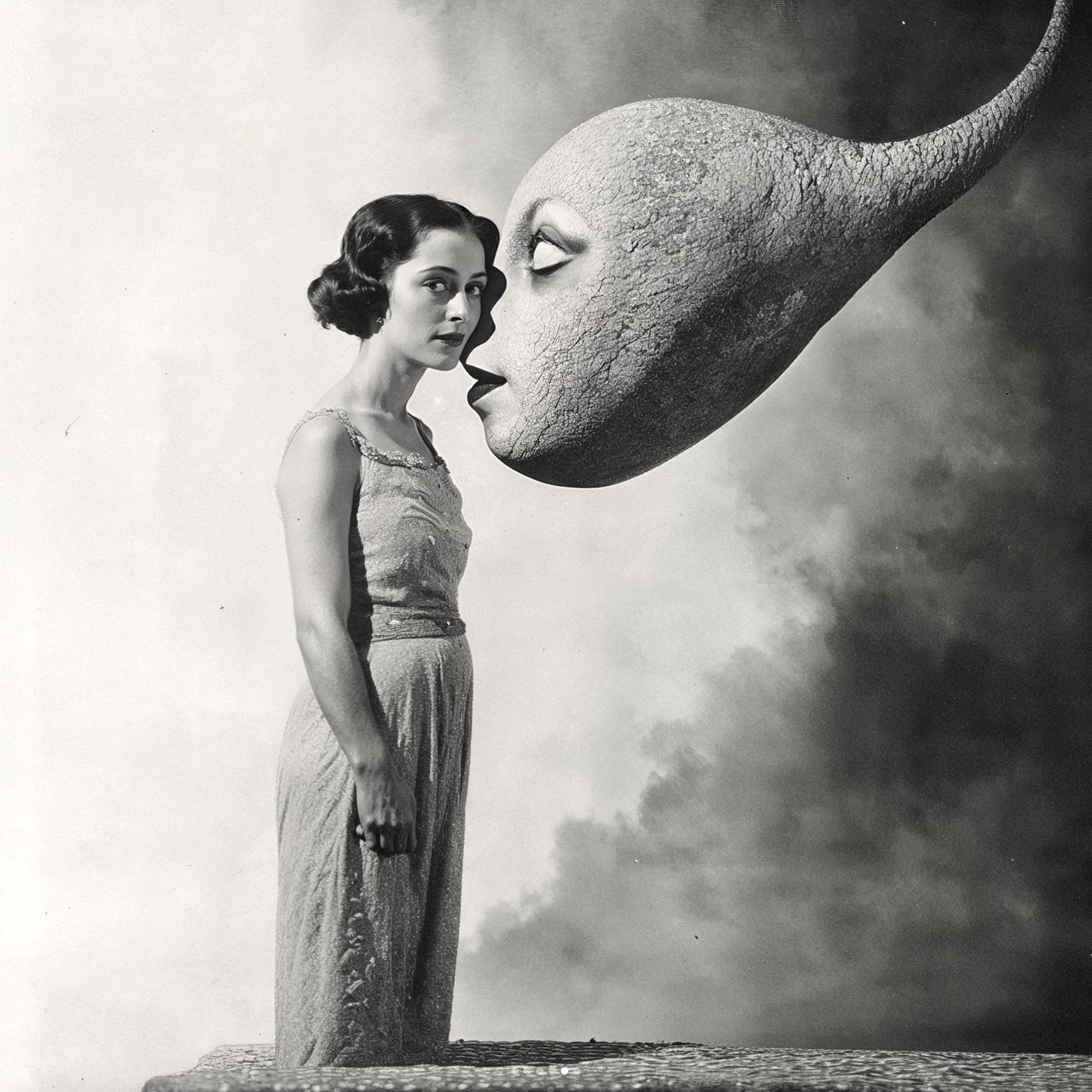 Une femme en robe se tient à côté d'un visage surréaliste flottant. Atmosphère artistique en noir et blanc.
