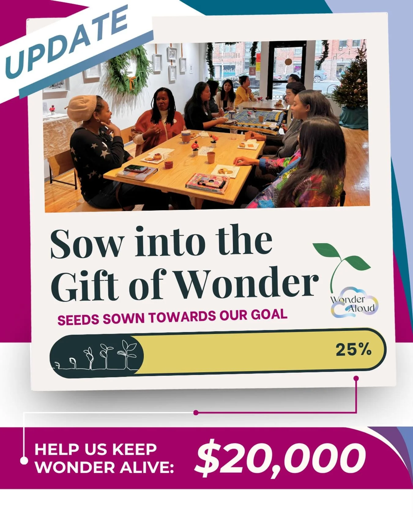 ✨Thank you to everyone who has already given!
We&rsquo;re just over 25% towards our year end goal of $20,000.

Your generosity holds open the door to wonder, allowing people to draw nearer to Jesus.

$50 offers an individual session of spiritual dire