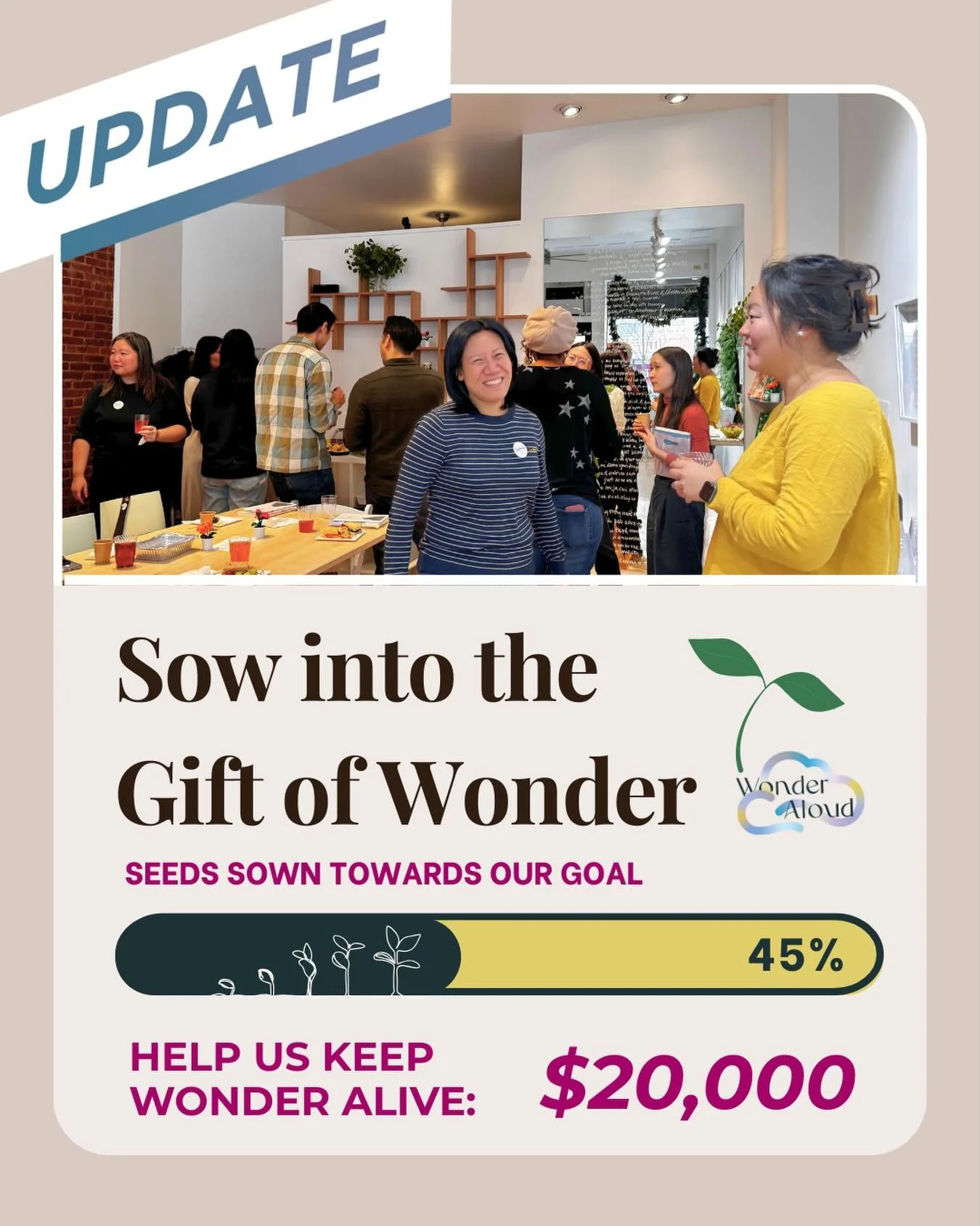 🌱✨ We&rsquo;re just over 45% towards our year end goal of $20,000. Thank you to everyone who has already given!

Your generosity holds open the door to wonder, allowing people to draw nearer to Jesus.

$50 offers an individual session of spiritual d