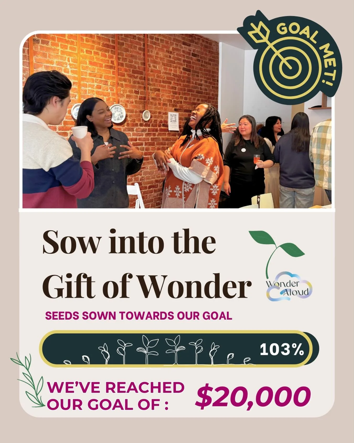 ✨🎉 103% of Our Goal Met 🎉✨

A warm heartfelt THANK YOU to our incredible community for helping us exceed our end-of-year fundraising goal! 47 individuals/families gave toward the $20,560 raised! Every gift is meaningful and brought us closer to our