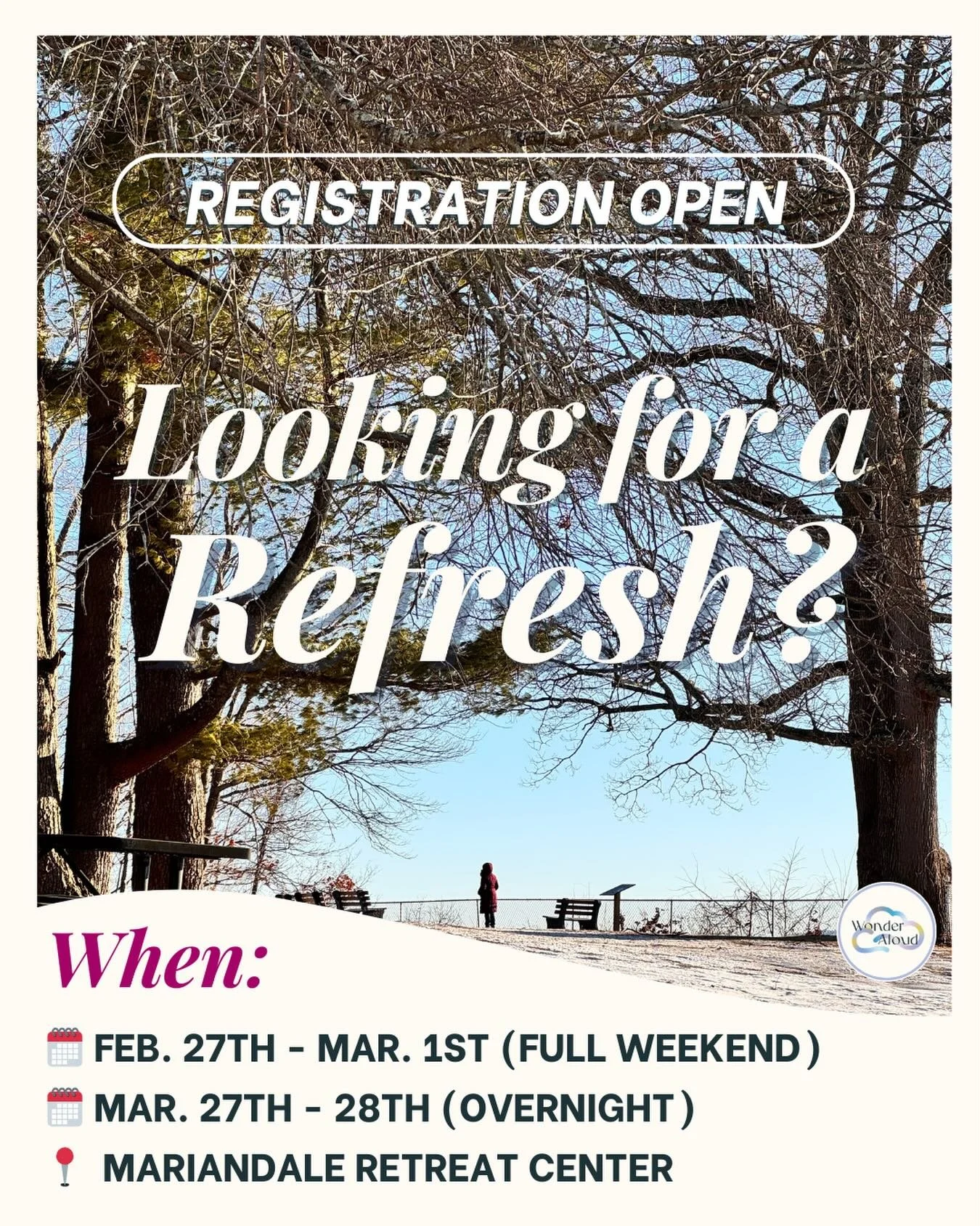 ✨Are you looking to find a sacred space to journey with God? Join us for our upcoming silent retreat this winter. 

✨Refresh Winter Silent Retreat 

🗓️ FEB. 27th - MAR. 1st (Full Weekend)
🗓️ MAR. 27th - 28th (Overnight) 
📍 Mariandale Retreat Cente